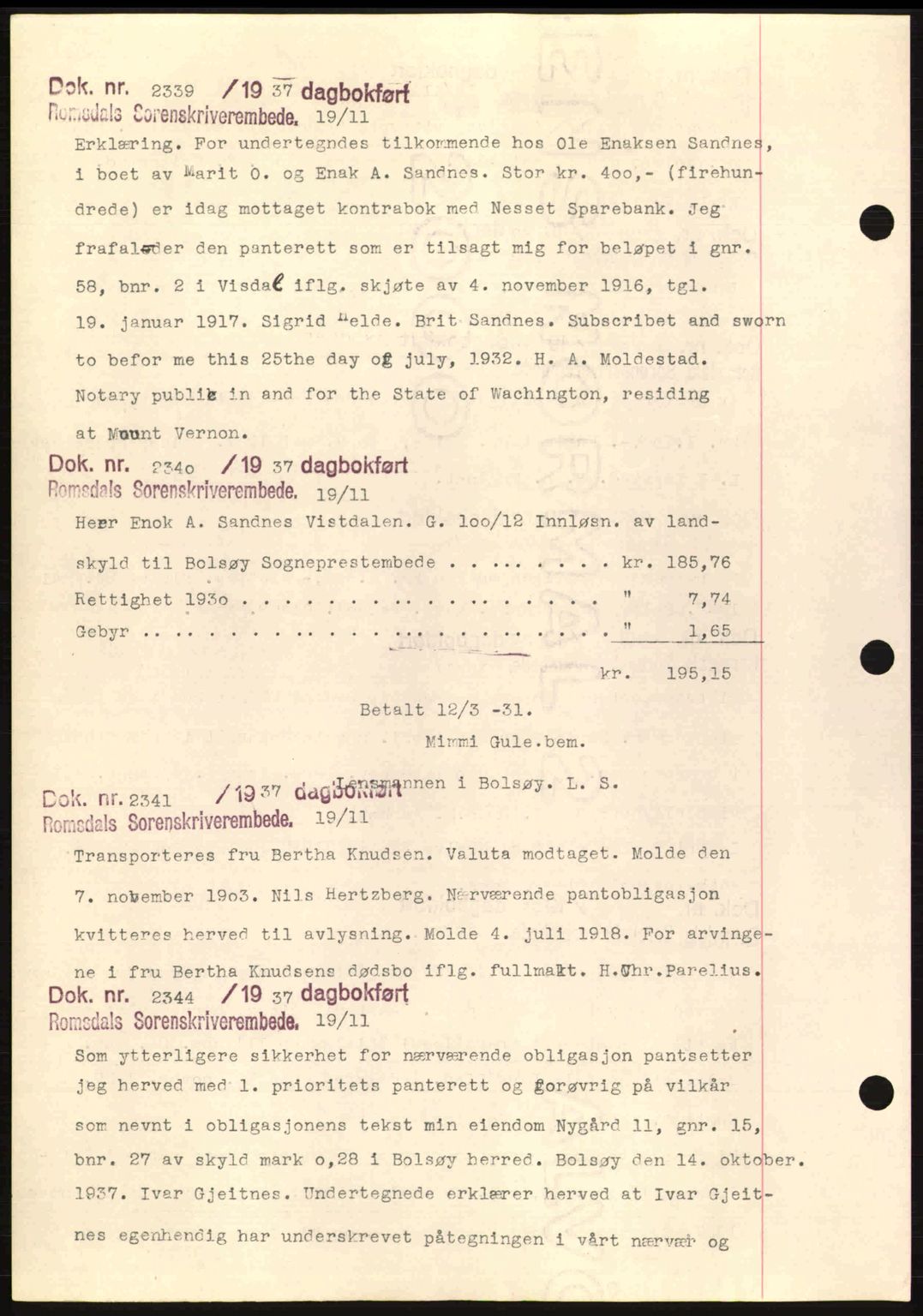 Romsdal sorenskriveri, AV/SAT-A-4149/1/2/2C: Pantebok nr. C1a, 1936-1945, Dagboknr: 2339/1937