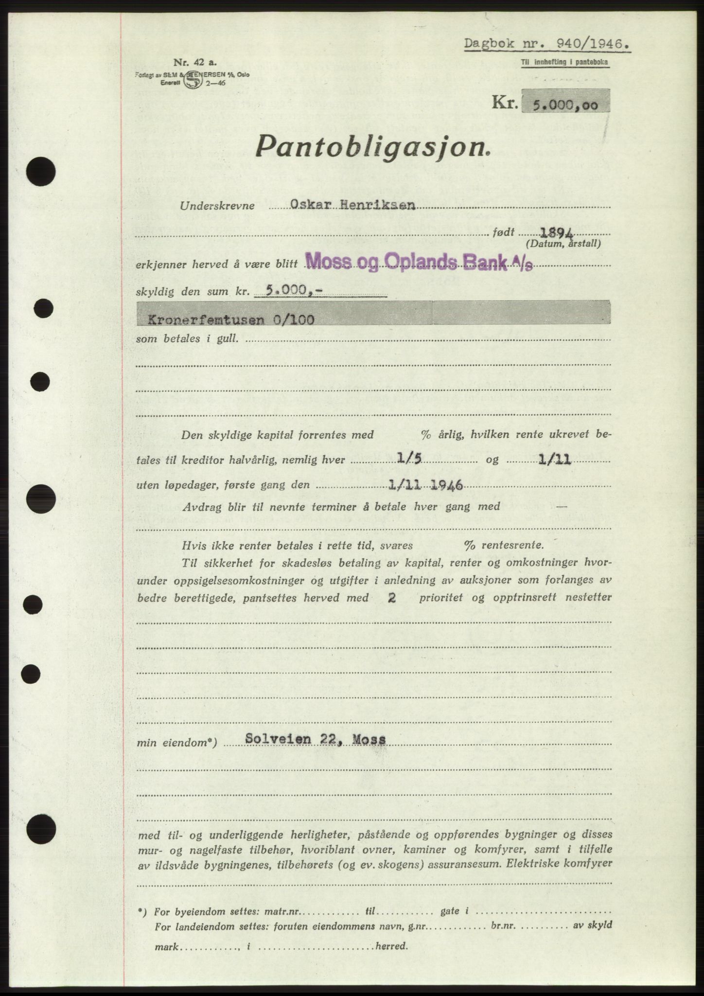 Moss sorenskriveri, SAO/A-10168: Pantebok nr. B15, 1946-1946, Dagboknr: 940/1946