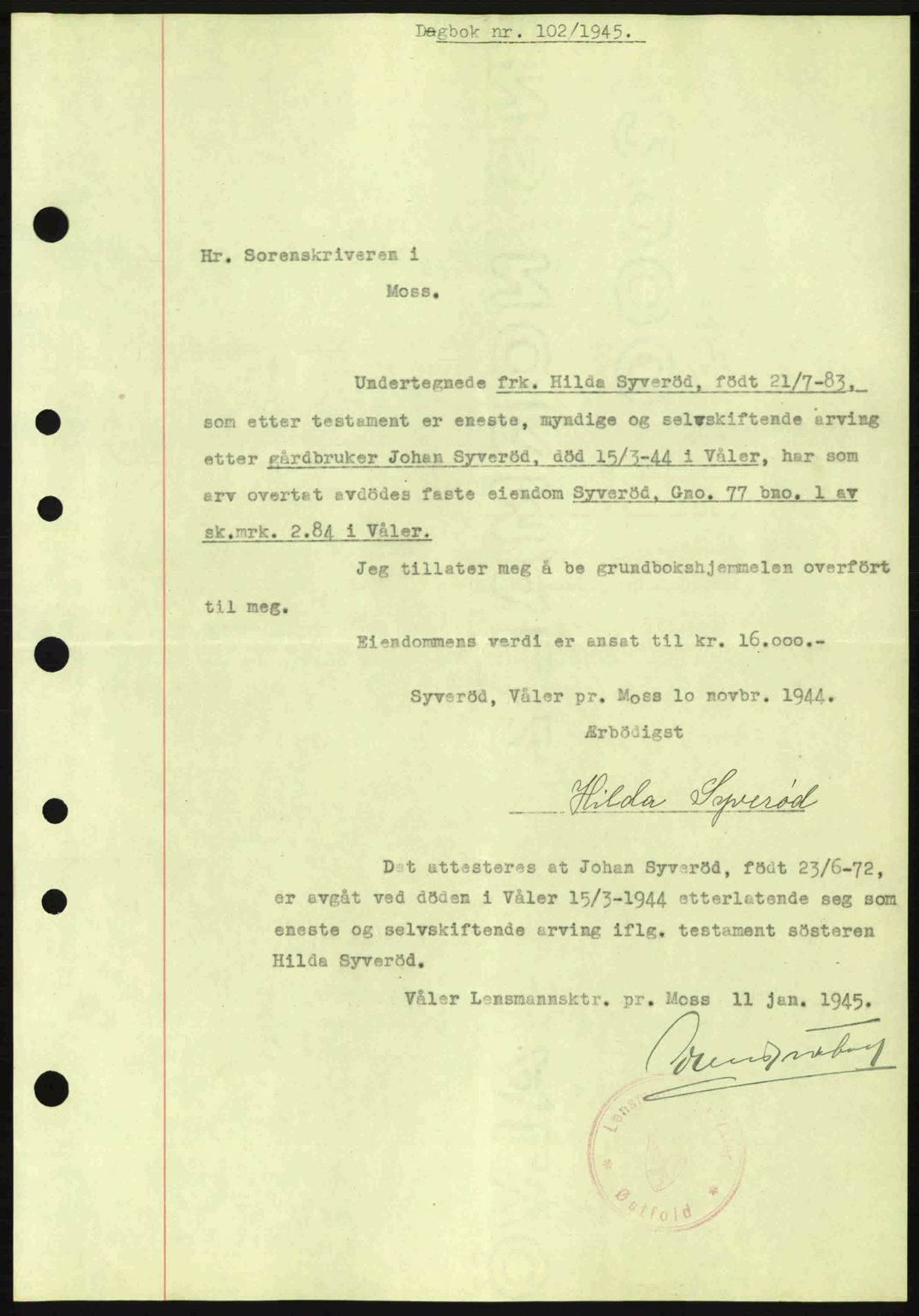 Moss sorenskriveri, SAO/A-10168: Pantebok nr. A13, 1944-1945, Dagboknr: 102/1945