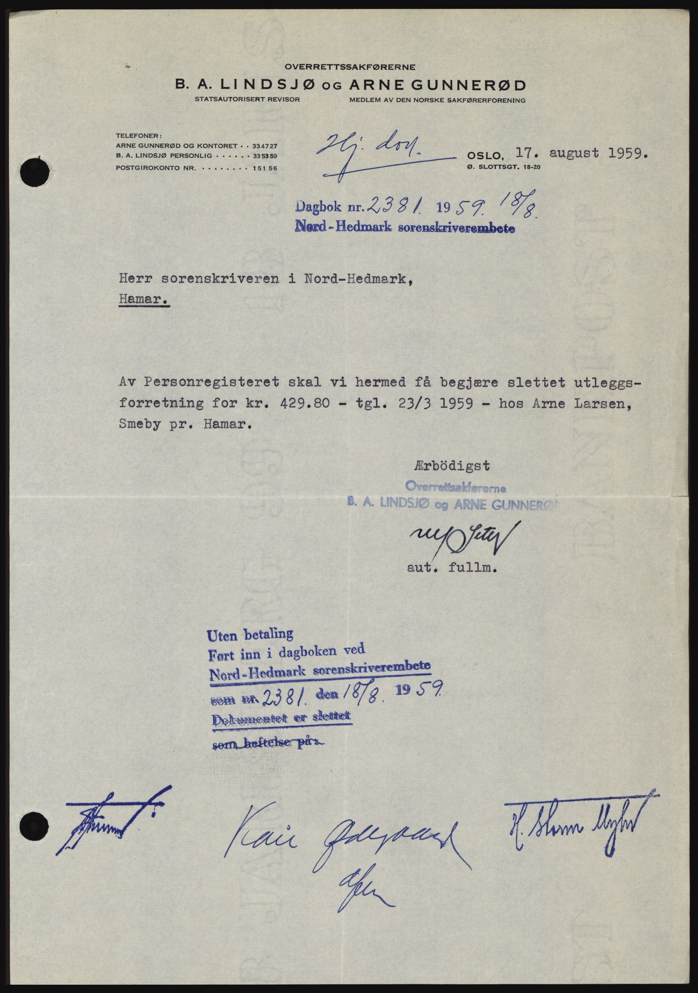 Nord-Hedmark sorenskriveri, SAH/TING-012/H/Hc/L0013: Pantebok nr. 13, 1959-1960, Dagboknr: 2381/1959