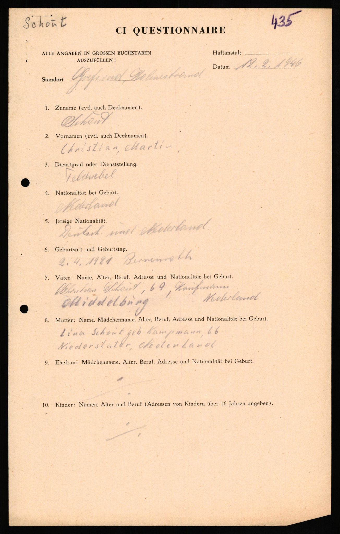 Forsvaret, Forsvarets overkommando II, AV/RA-RAFA-3915/D/Db/L0030: CI Questionaires. Tyske okkupasjonsstyrker i Norge. Tyskere., 1945-1946, s. 181