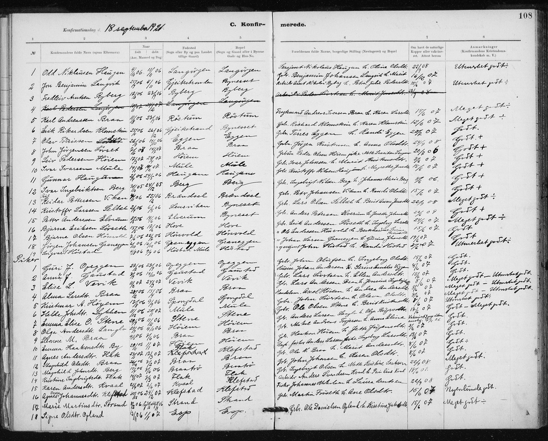 Ministerialprotokoller, klokkerbøker og fødselsregistre - Sør-Trøndelag, AV/SAT-A-1456/612/L0381: Ministerialbok nr. 612A13, 1907-1923, s. 108