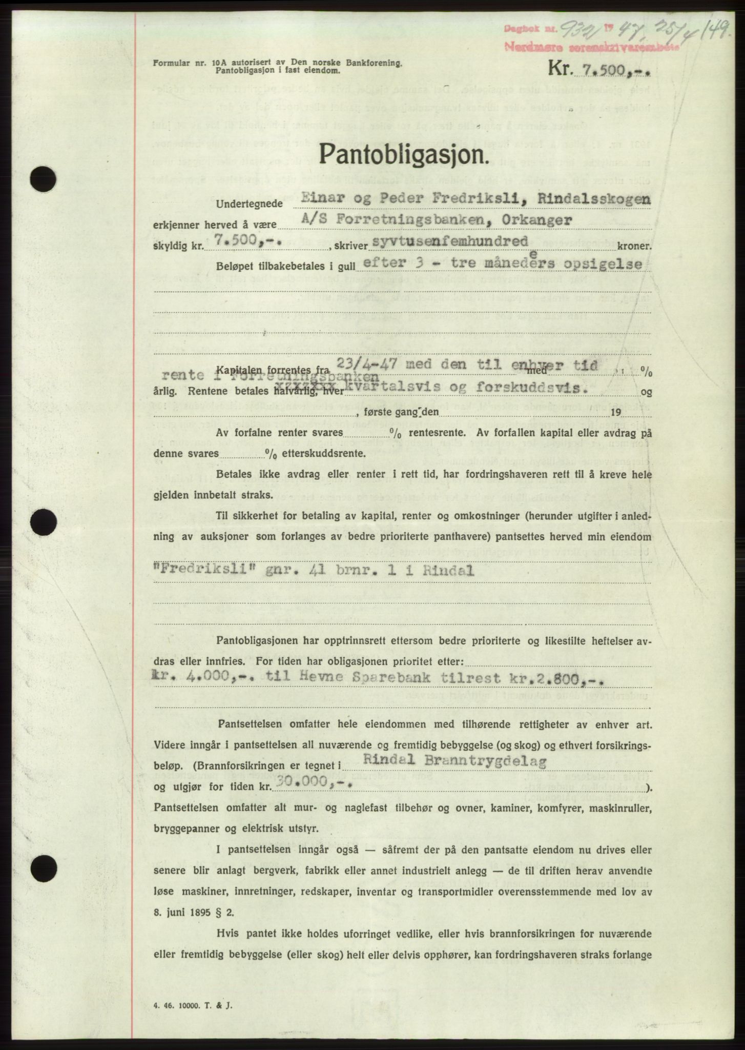 Nordmøre sorenskriveri, SAT/A-4132/1/2/2Ca: Pantebok nr. B96, 1947-1947, Dagboknr: 932/1947