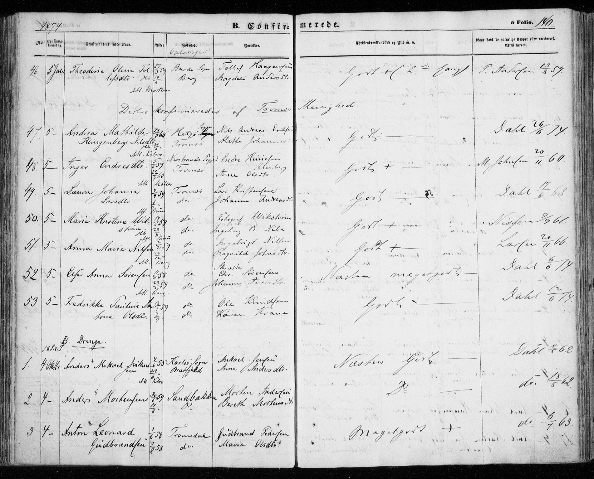 Tromsøysund sokneprestkontor, AV/SATØ-S-1304/G/Ga/L0002kirke: Ministerialbok nr. 2, 1867-1875, s. 140
