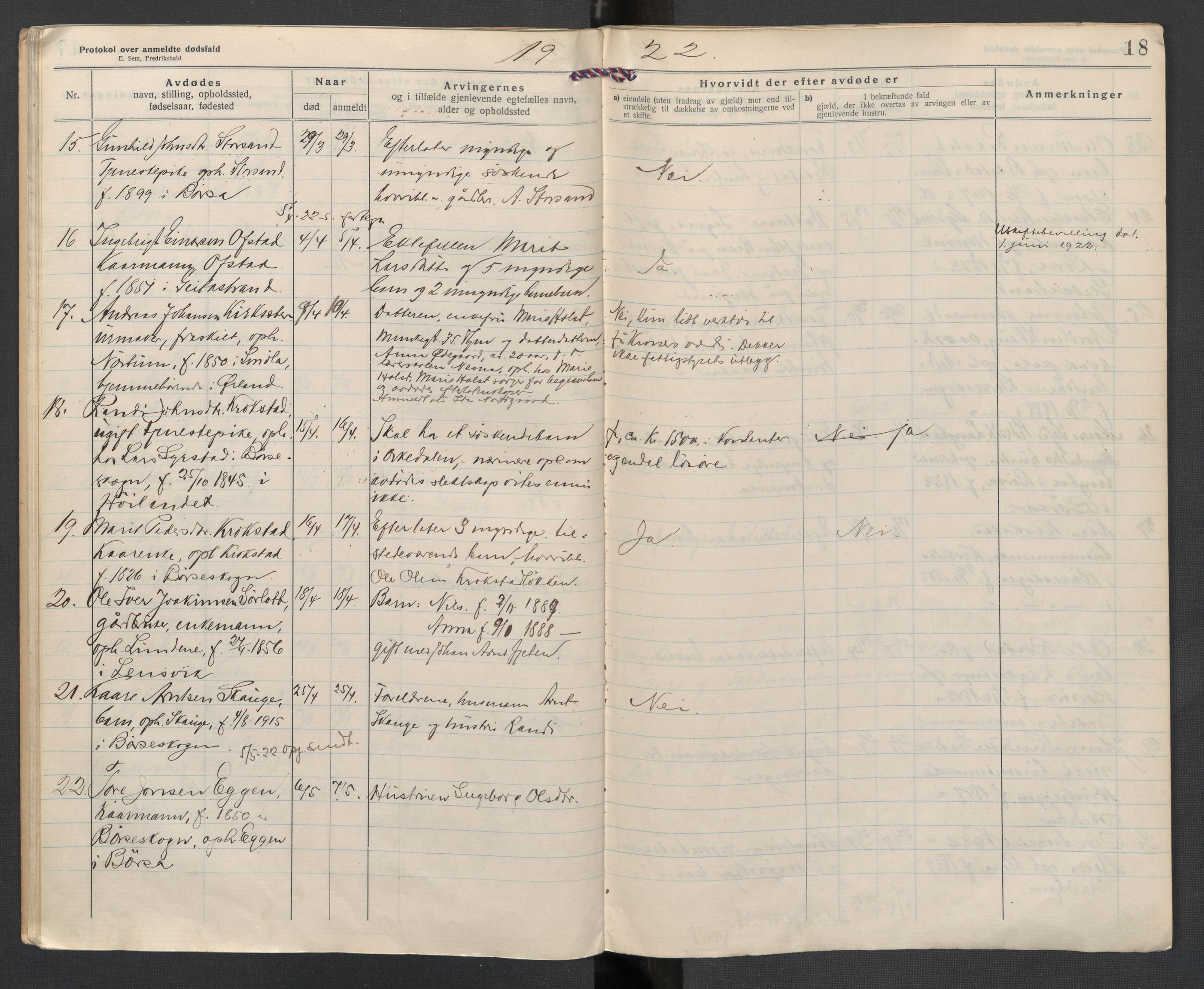 Børsa og Skaun lensmannskontor, AV/SAT-A-5888/02/L0004: 2.01.04 Dødsfallsprotokoll, 1920-1924, s. 18