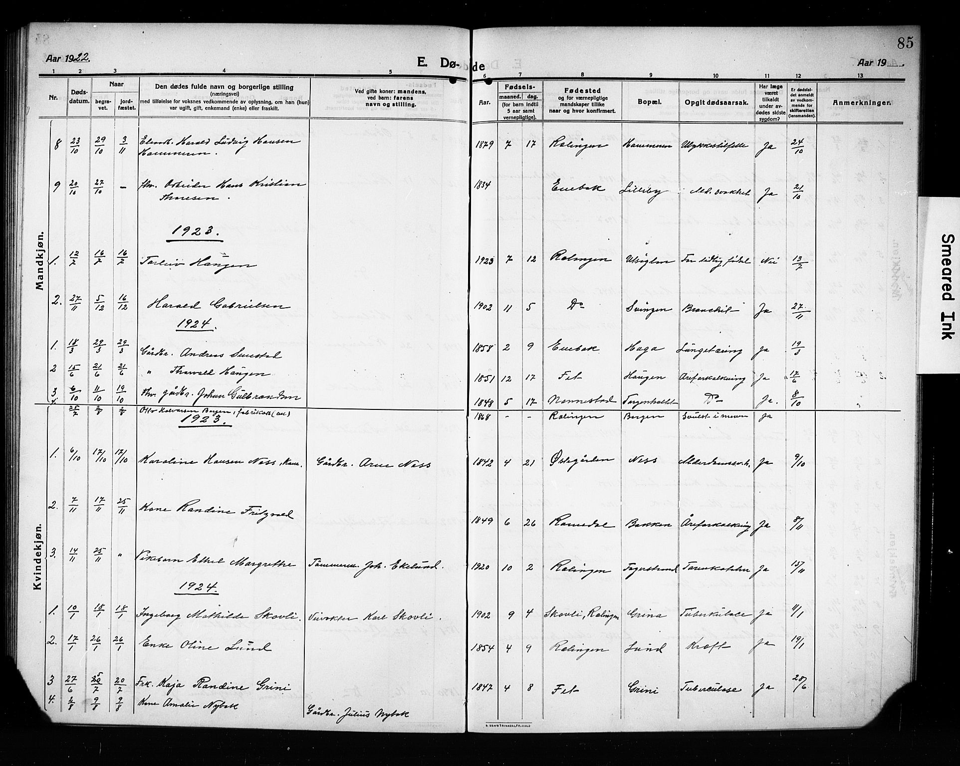Fet prestekontor Kirkebøker, AV/SAO-A-10370a/G/Gb/L0006: Klokkerbok nr. II 6, 1914-1925, s. 85