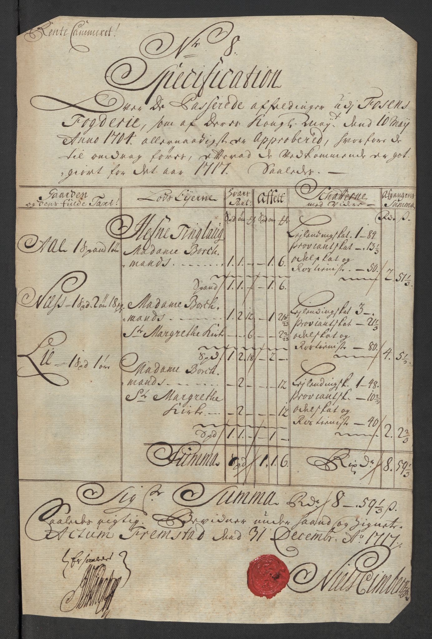 Rentekammeret inntil 1814, Reviderte regnskaper, Fogderegnskap, AV/RA-EA-4092/R57/L3865: Fogderegnskap Fosen, 1717, s. 217