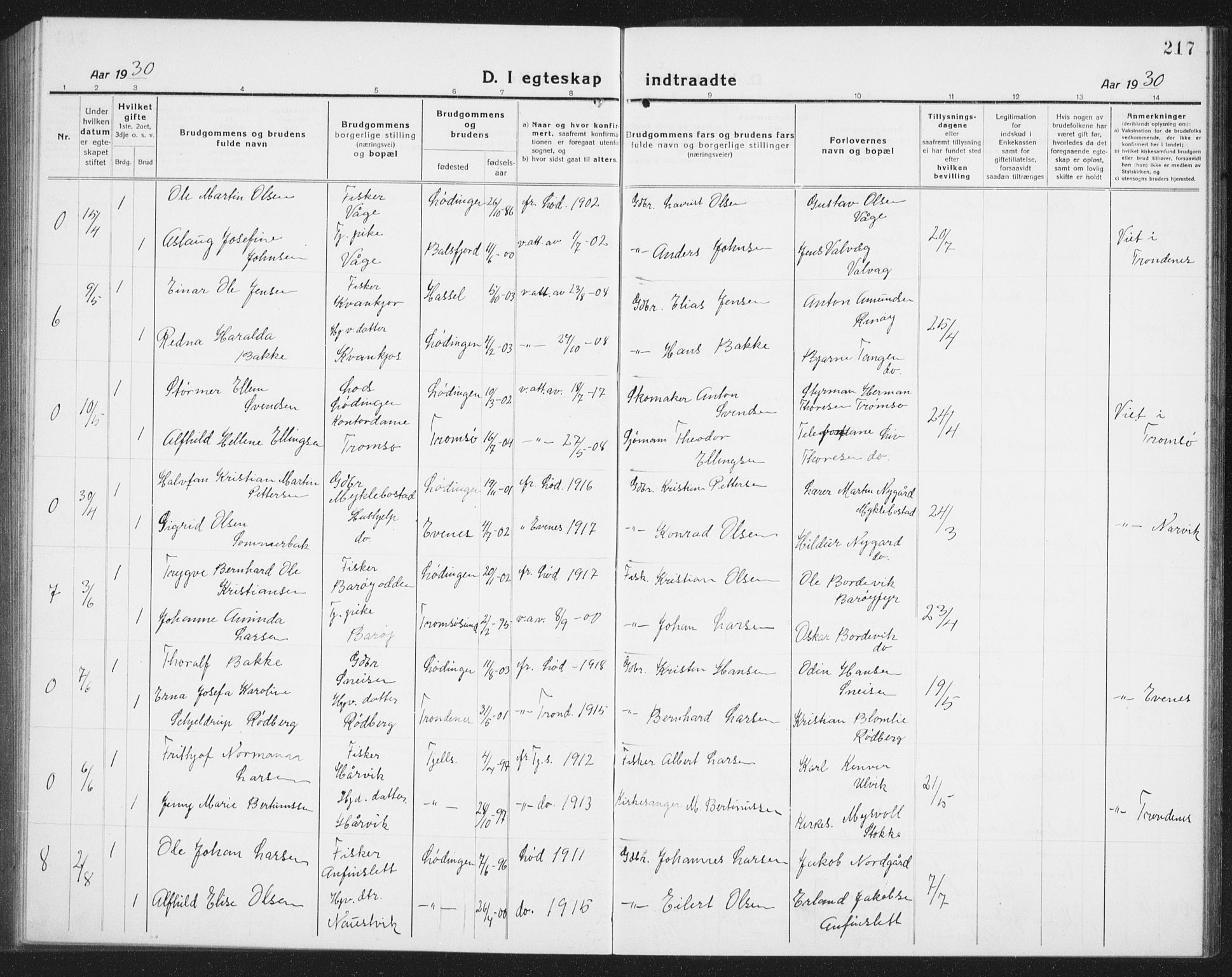 Ministerialprotokoller, klokkerbøker og fødselsregistre - Nordland, AV/SAT-A-1459/872/L1049: Klokkerbok nr. 872C05, 1920-1938, s. 217