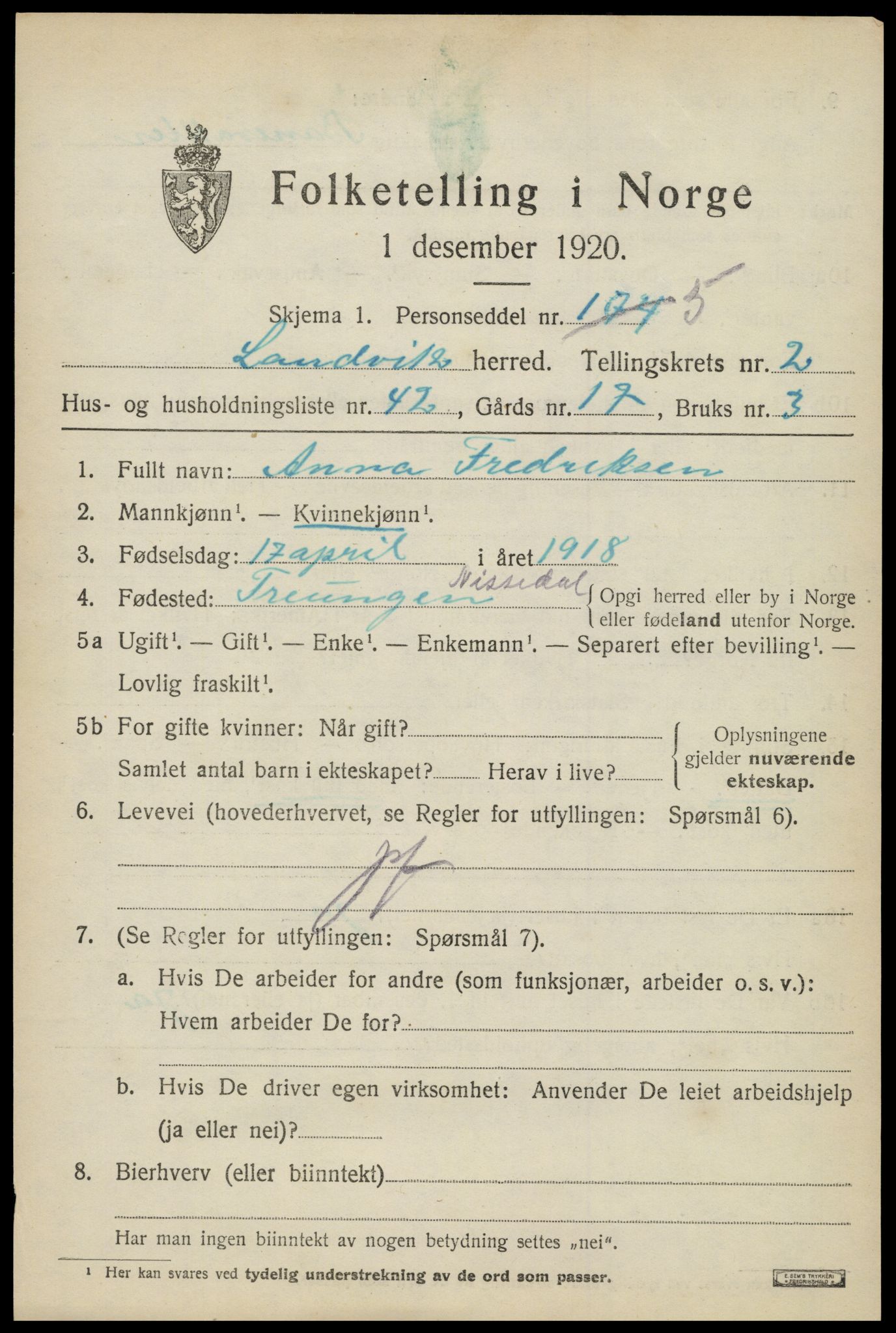 SAK, Folketelling 1920 for 0924 Landvik herred, 1920, s. 2114