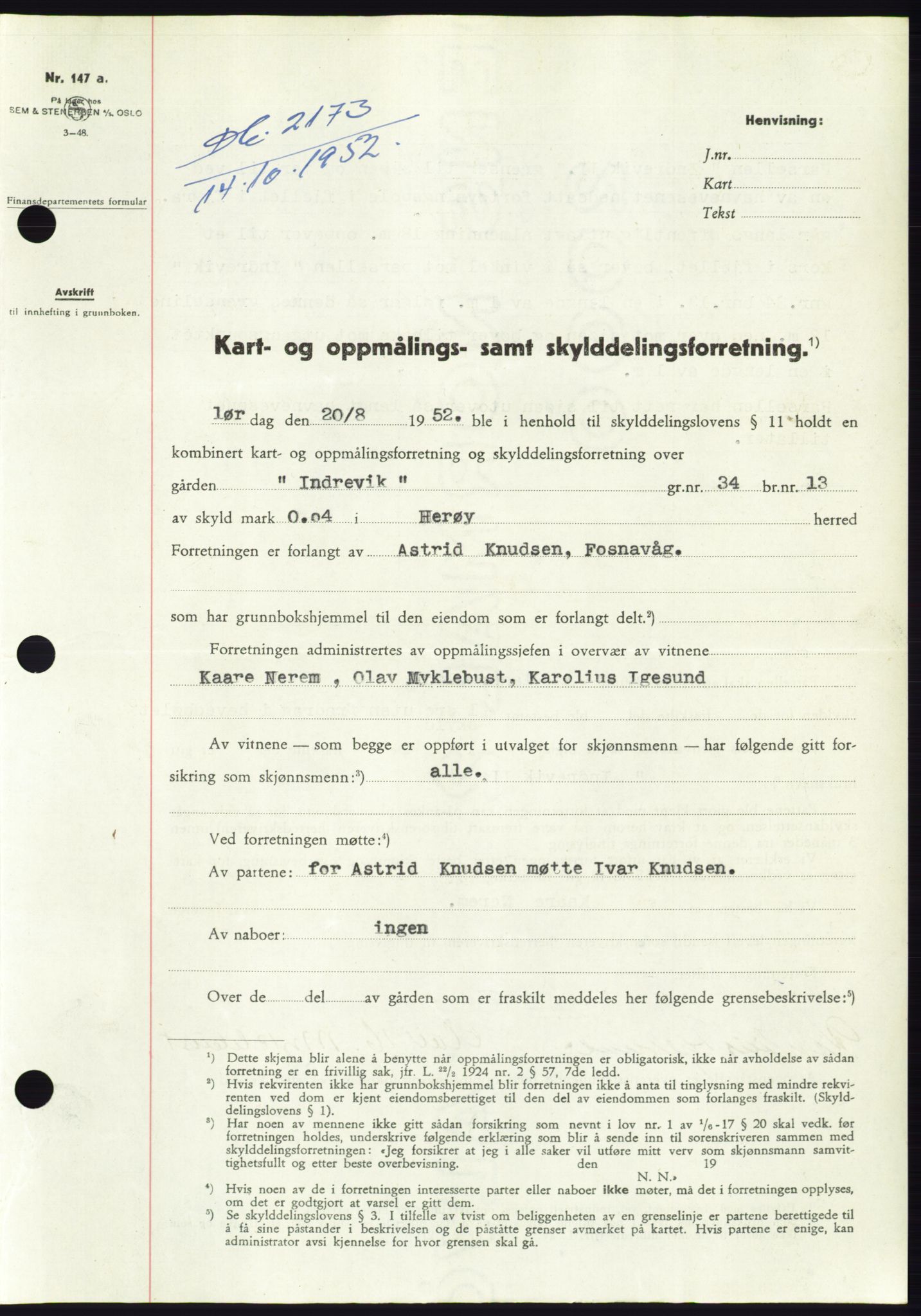 Søre Sunnmøre sorenskriveri, SAT/A-4122/1/2/2C/L0093: Pantebok nr. 19A, 1952-1953, Dagboknr: 2173/1952