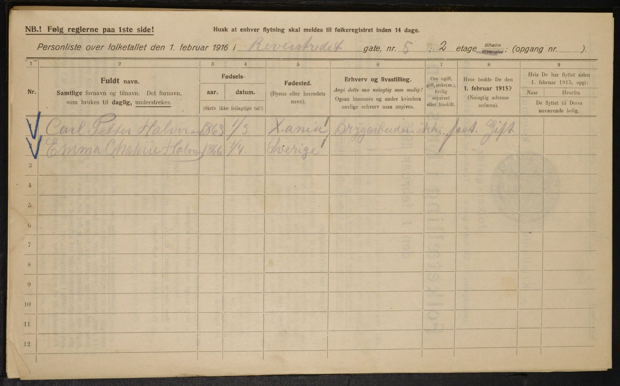 OBA, Kommunal folketelling 1.2.1916 for Kristiania, 1916, s. 85052