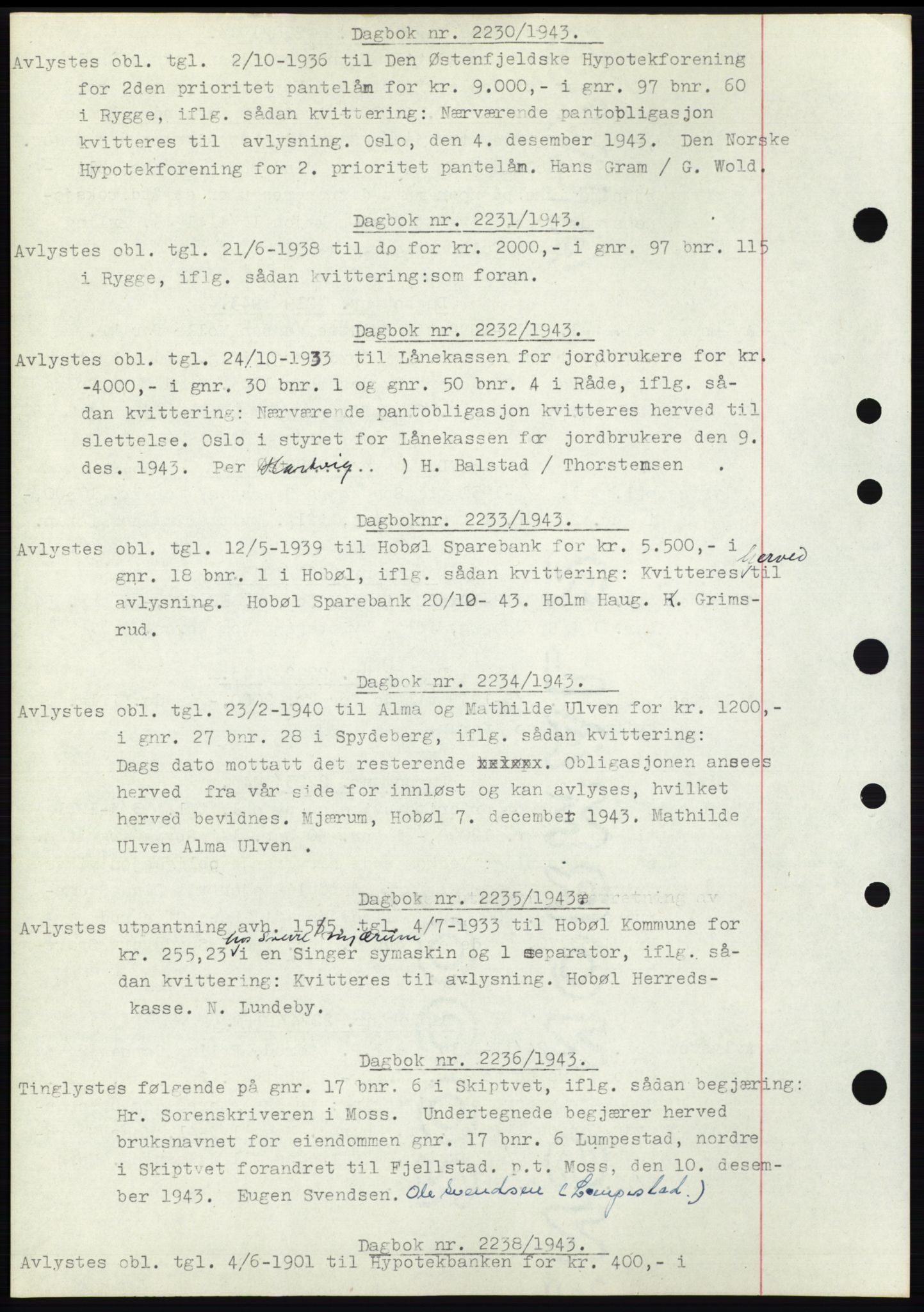 Moss sorenskriveri, SAO/A-10168: Pantebok nr. C10, 1938-1950, Dagboknr: 2230/1943