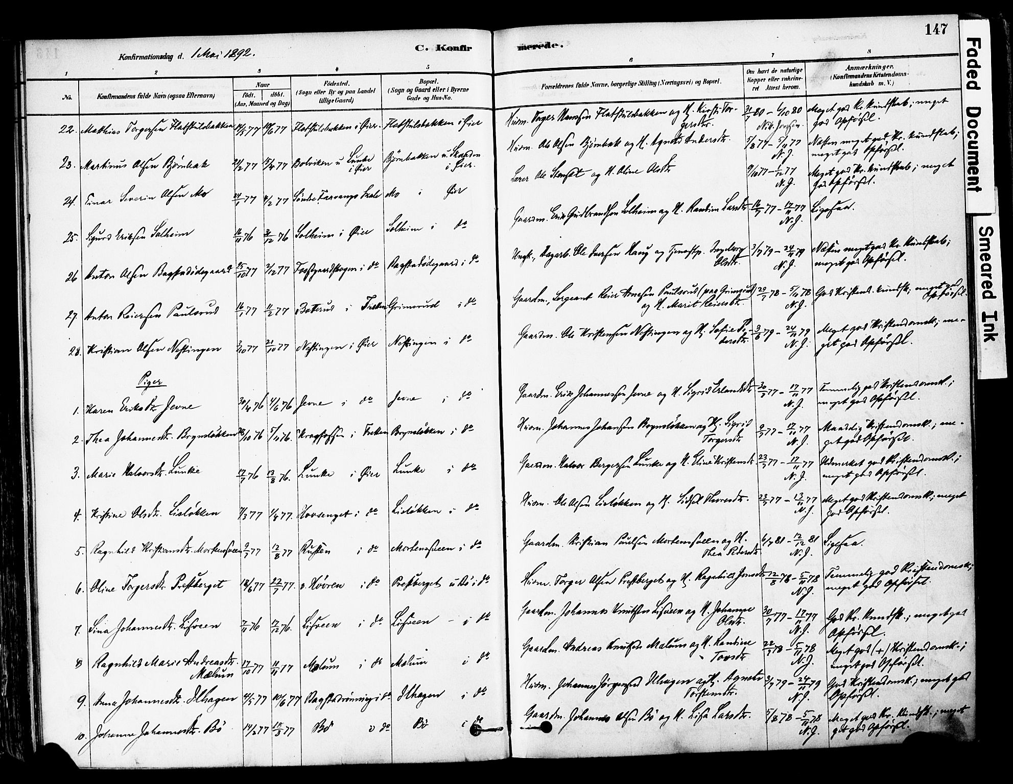 Øyer prestekontor, AV/SAH-PREST-084/H/Ha/Haa/L0008: Ministerialbok nr. 8, 1878-1897, s. 147