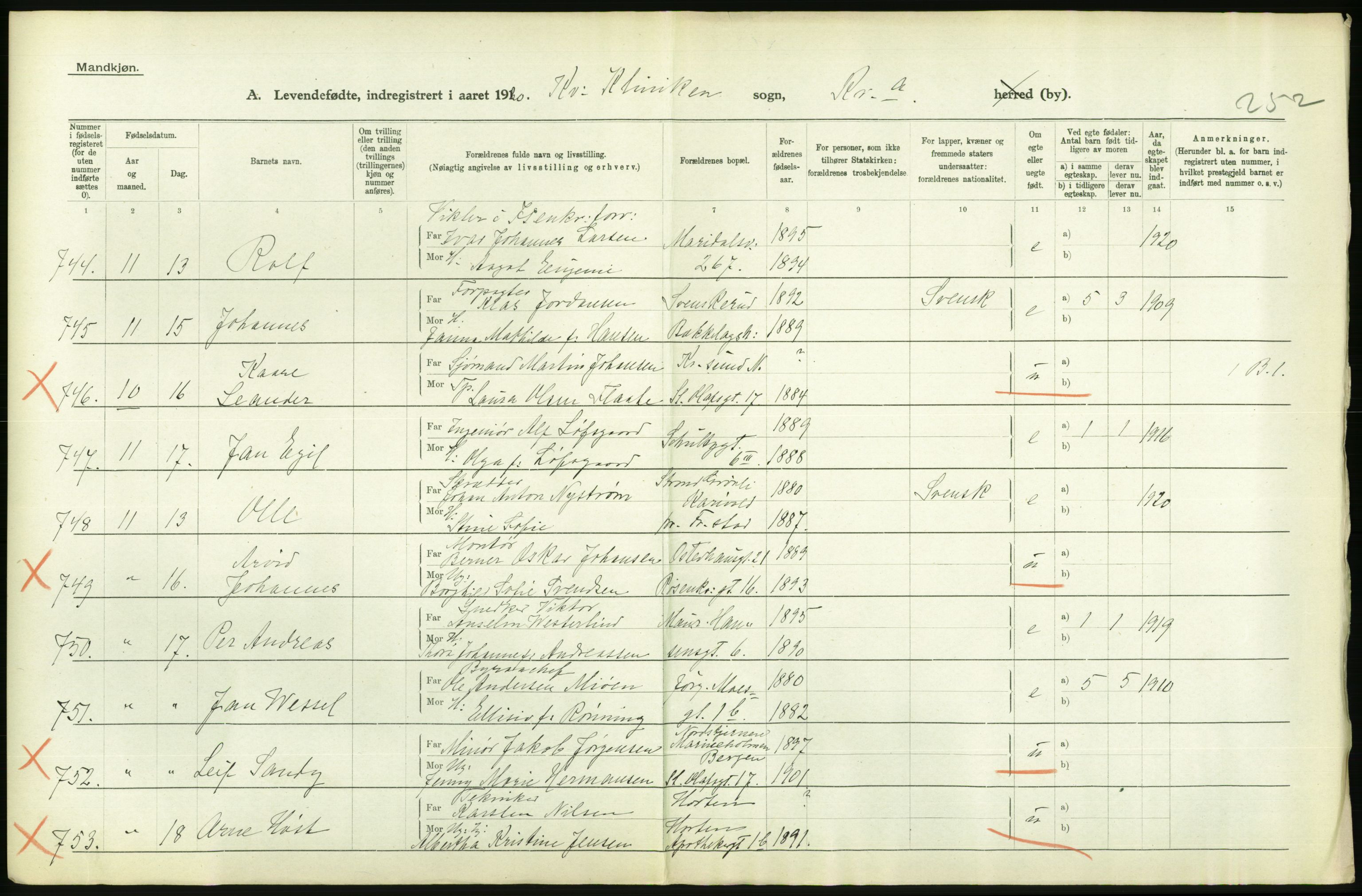 Statistisk sentralbyrå, Sosiodemografiske emner, Befolkning, AV/RA-S-2228/D/Df/Dfb/Dfbj/L0008: Kristiania: Levendefødte menn og kvinner., 1920, s. 478