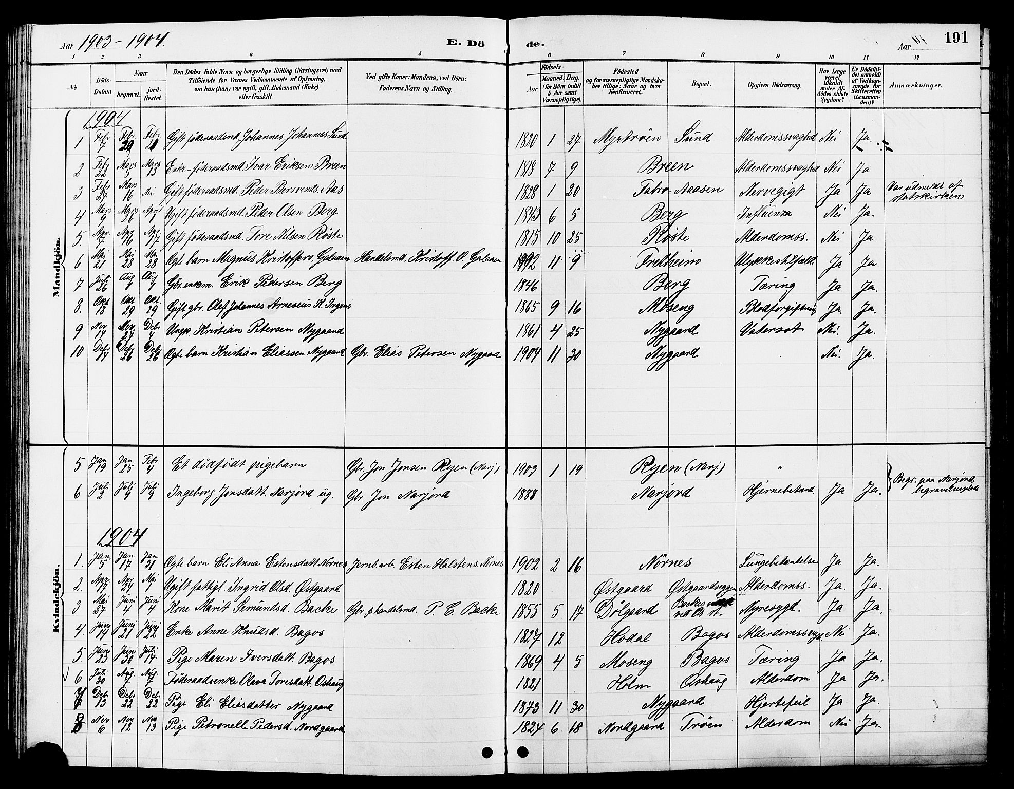 Tolga prestekontor, AV/SAH-PREST-062/L/L0008: Klokkerbok nr. 8, 1887-1912, s. 191