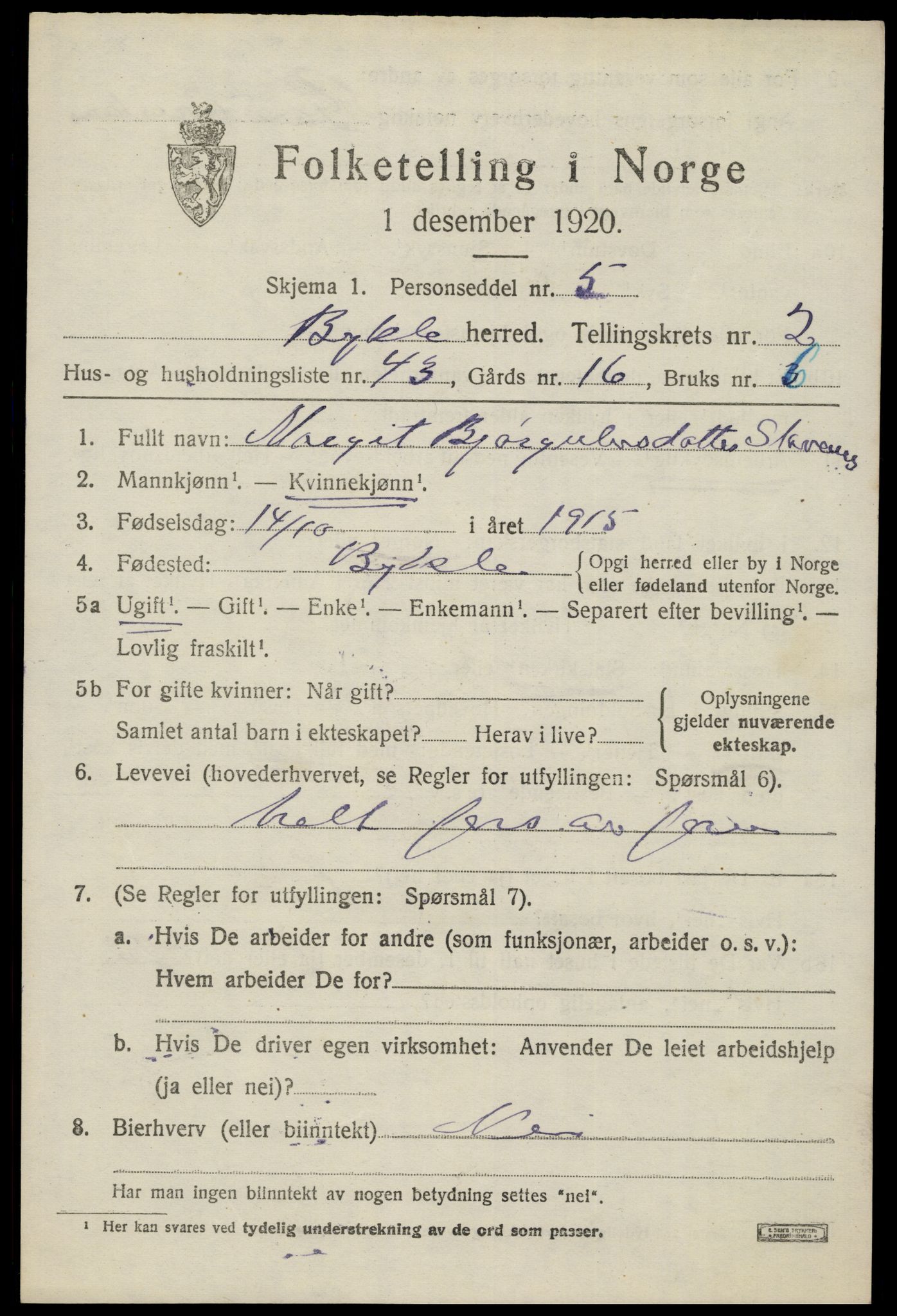 SAK, Folketelling 1920 for 0941 Bykle herred, 1920, s. 1011