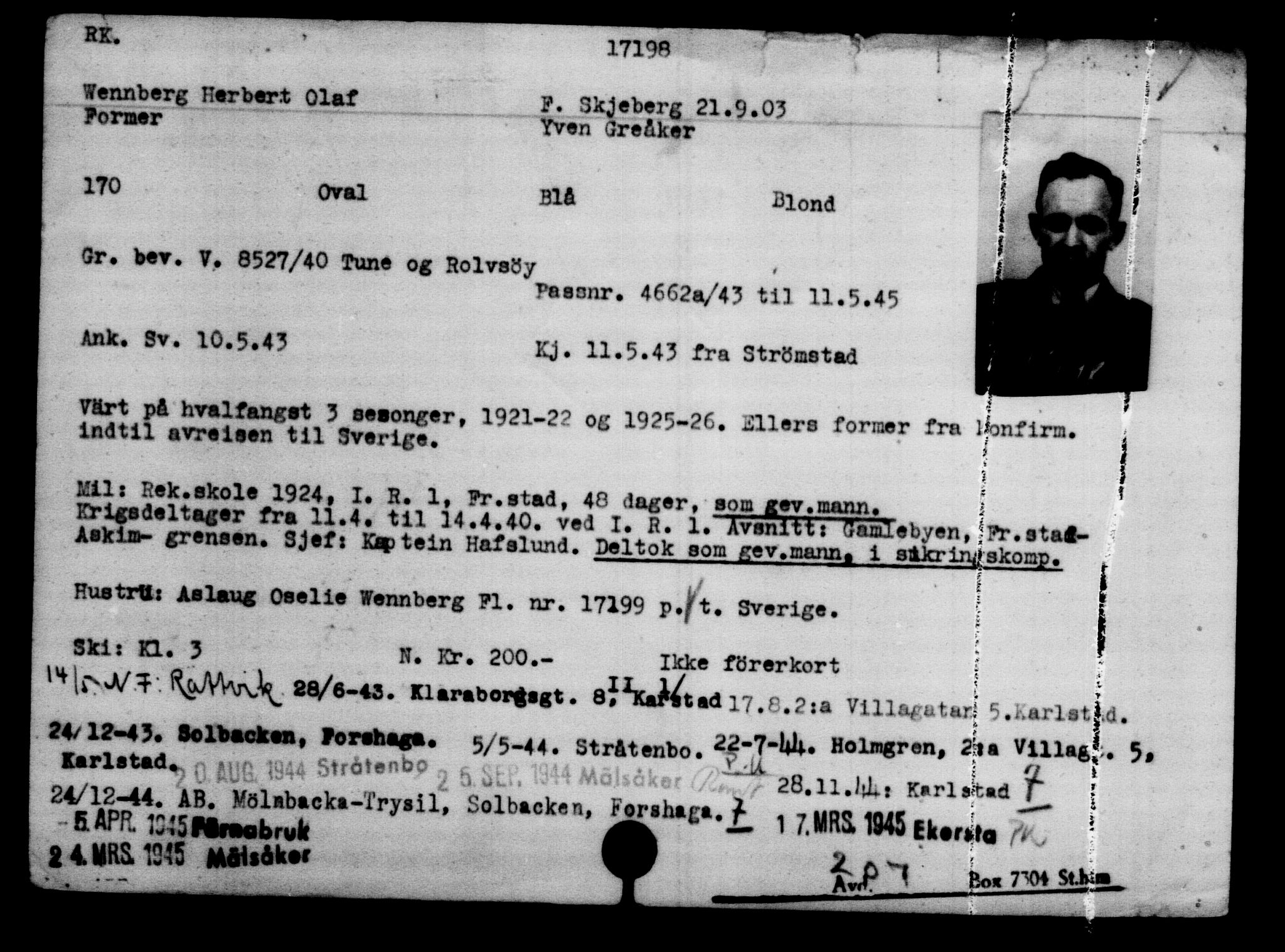 Utenriksstasjonene, Legasjonen i Stockholm, Flyktningkontoret, AV/RA-S-6753/V/Va/L0008: Kjesäterkartoteket, flyktninger med registreringsnr. 15700-18547, 1940-1945, s. 1648