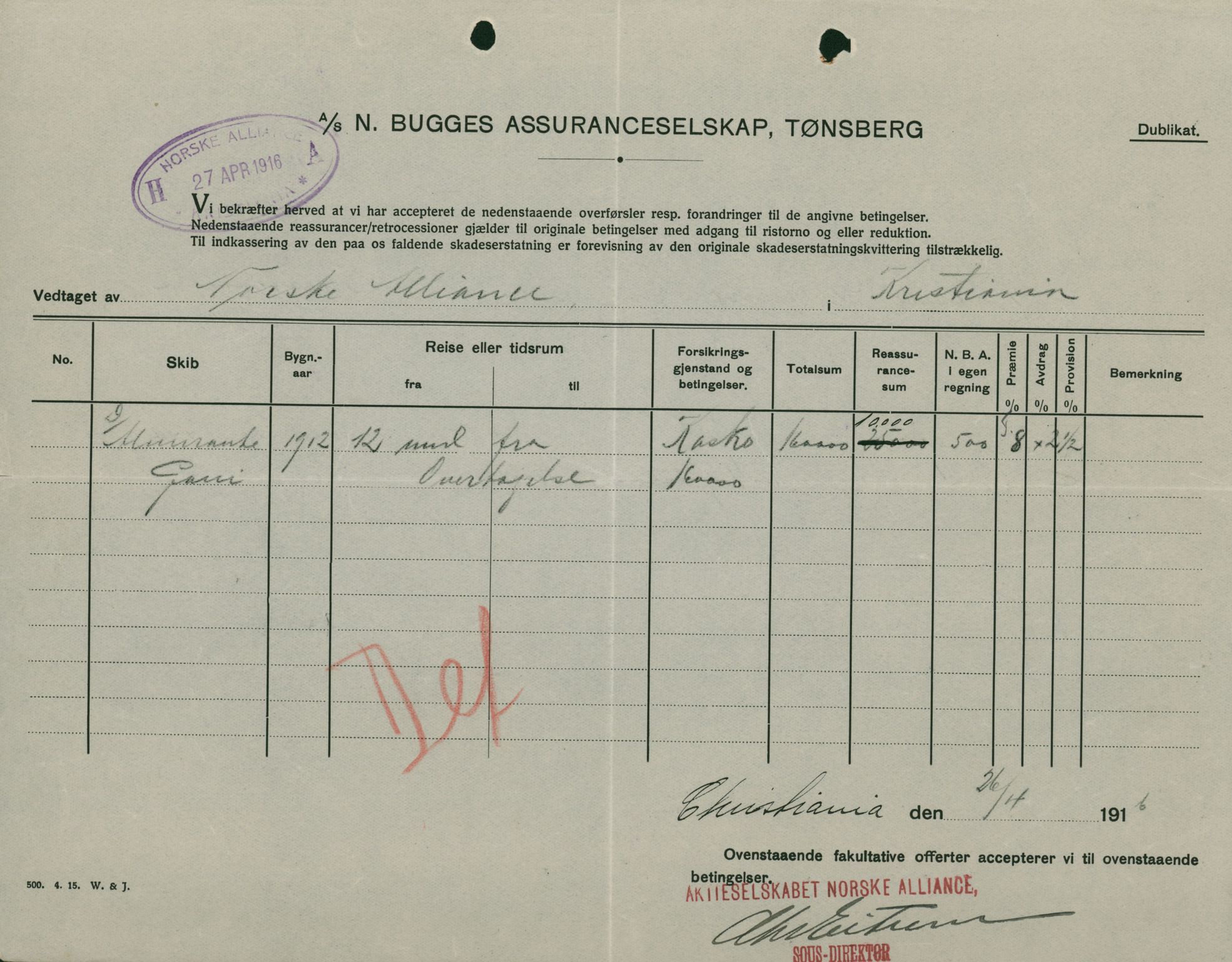 Pa 664 - Tønsberg Sjøforsikringsselskap, VEMU/A-1773/F/L0001: Forsikringspoliser, 1915-1918