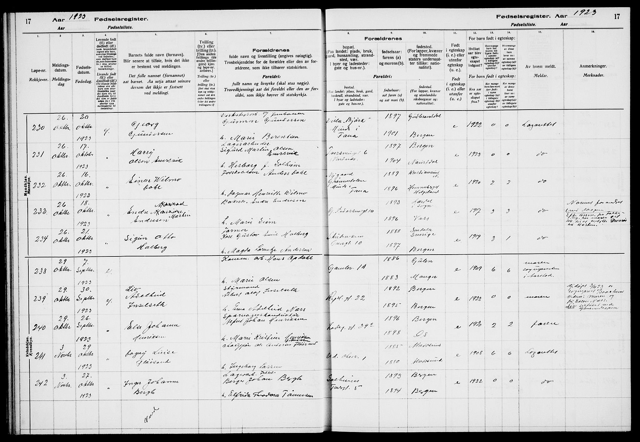 Sandviken Sokneprestembete, SAB/A-77601/I/Ib/L00A3: Fødselsregister nr. A 3, 1923-1926, s. 17