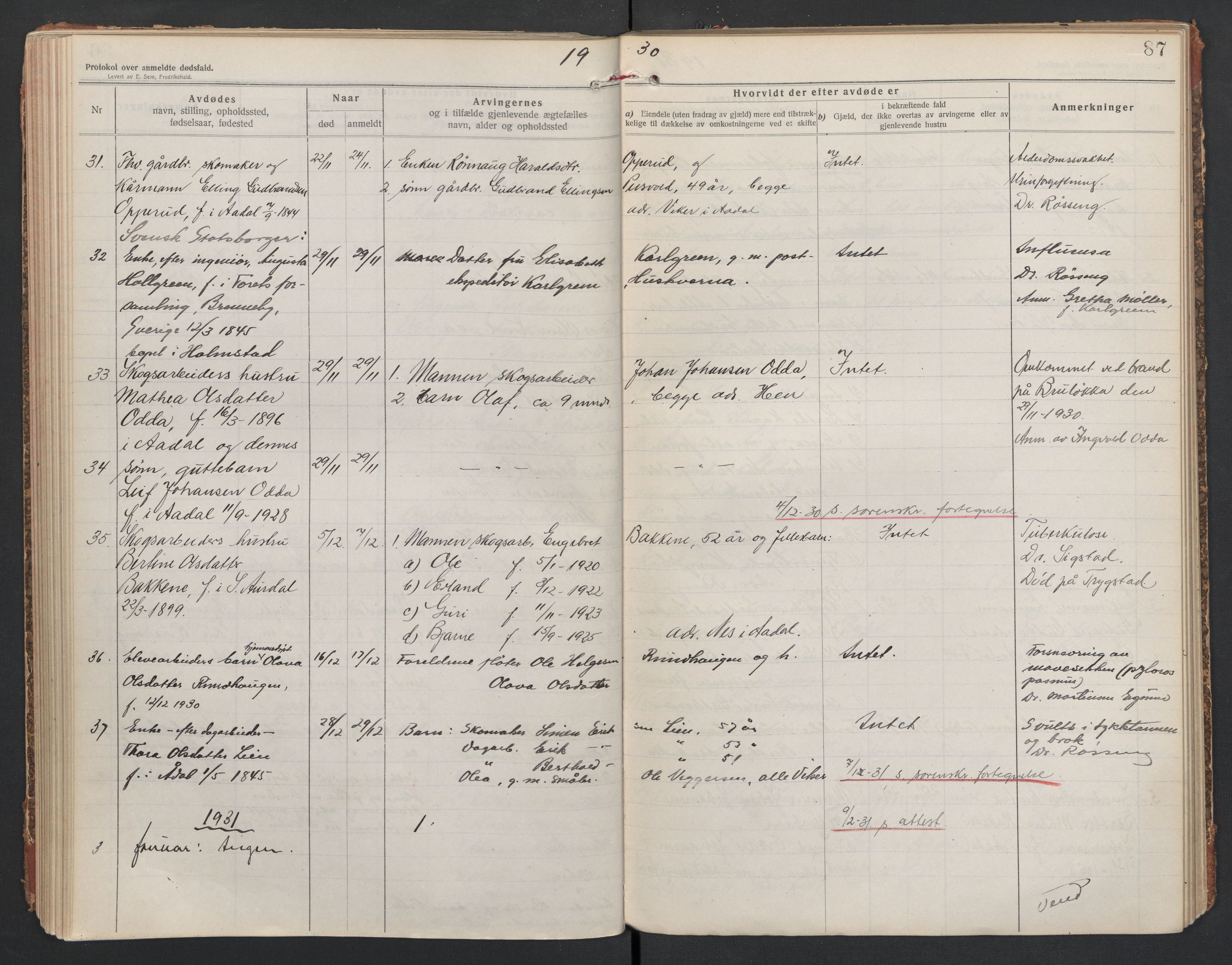 Ådal lensmannskontor, SAKO/A-518/H/Ha/L0001/0002: Dødsfallsprotokoll  / Dødsfallsprotokoll 2, 1919-1942, s. 87