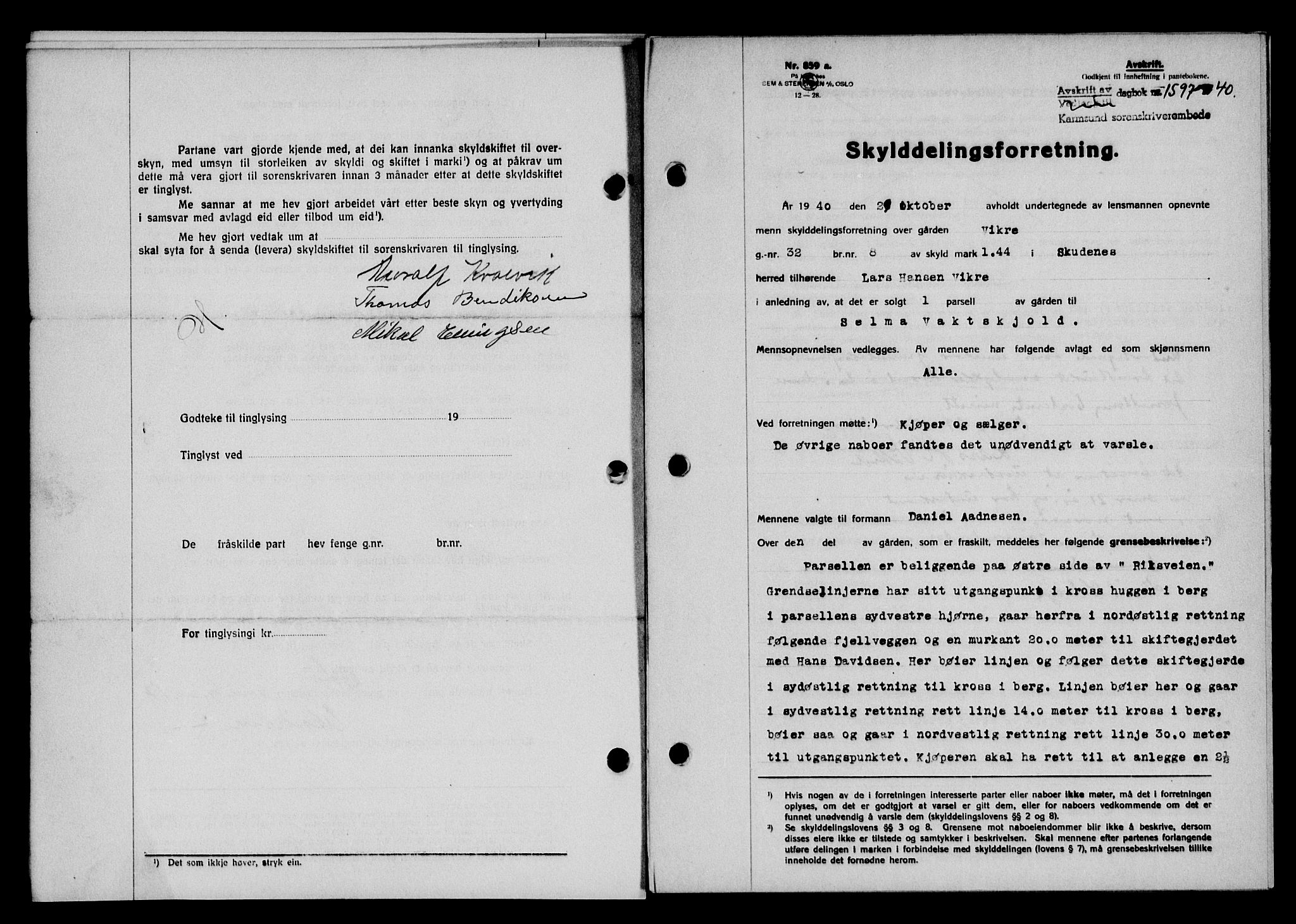 Karmsund sorenskriveri, SAST/A-100311/01/II/IIB/L0074: Pantebok nr. 55A, 1940-1941, Dagboknr: 1597/1940