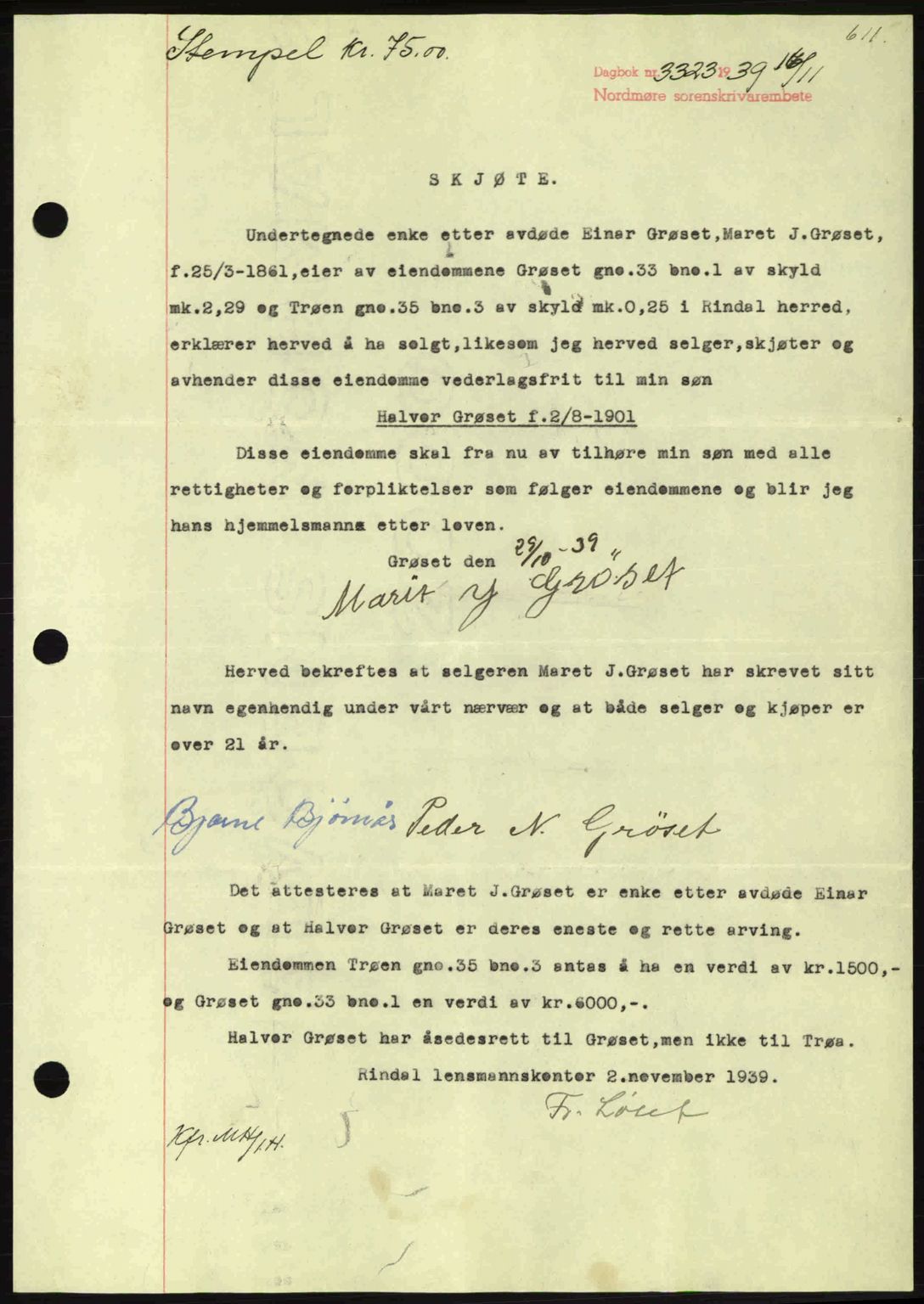 Nordmøre sorenskriveri, SAT/A-4132/1/2/2Ca: Pantebok nr. A87, 1939-1940, Dagboknr: 3323/1939