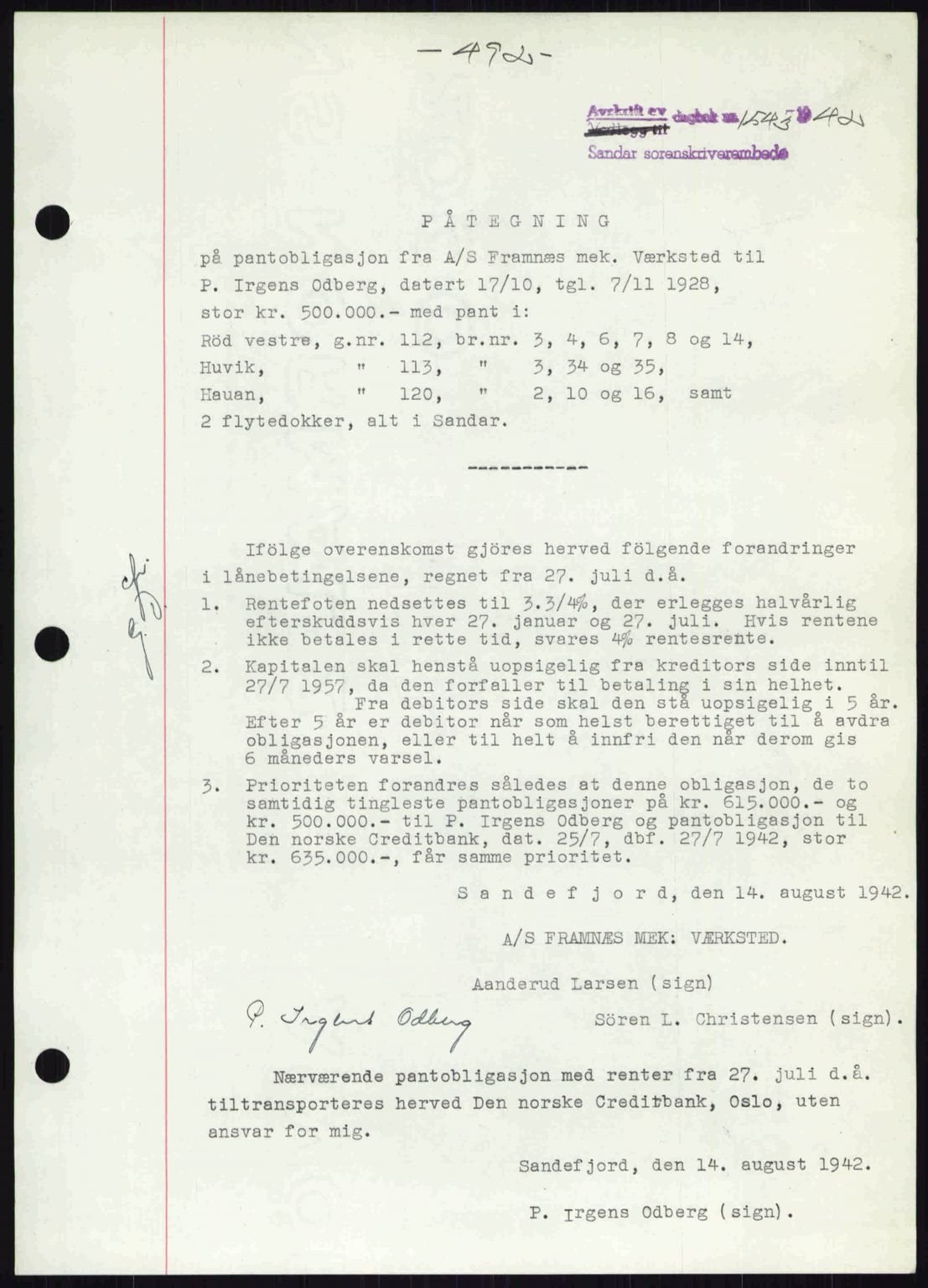 Sandar sorenskriveri, SAKO/A-86/G/Ga/Gab/L0001: Pantebok nr. B-1 og B-3 - B-9, 1936-1944, Dagboknr: 1543/1942