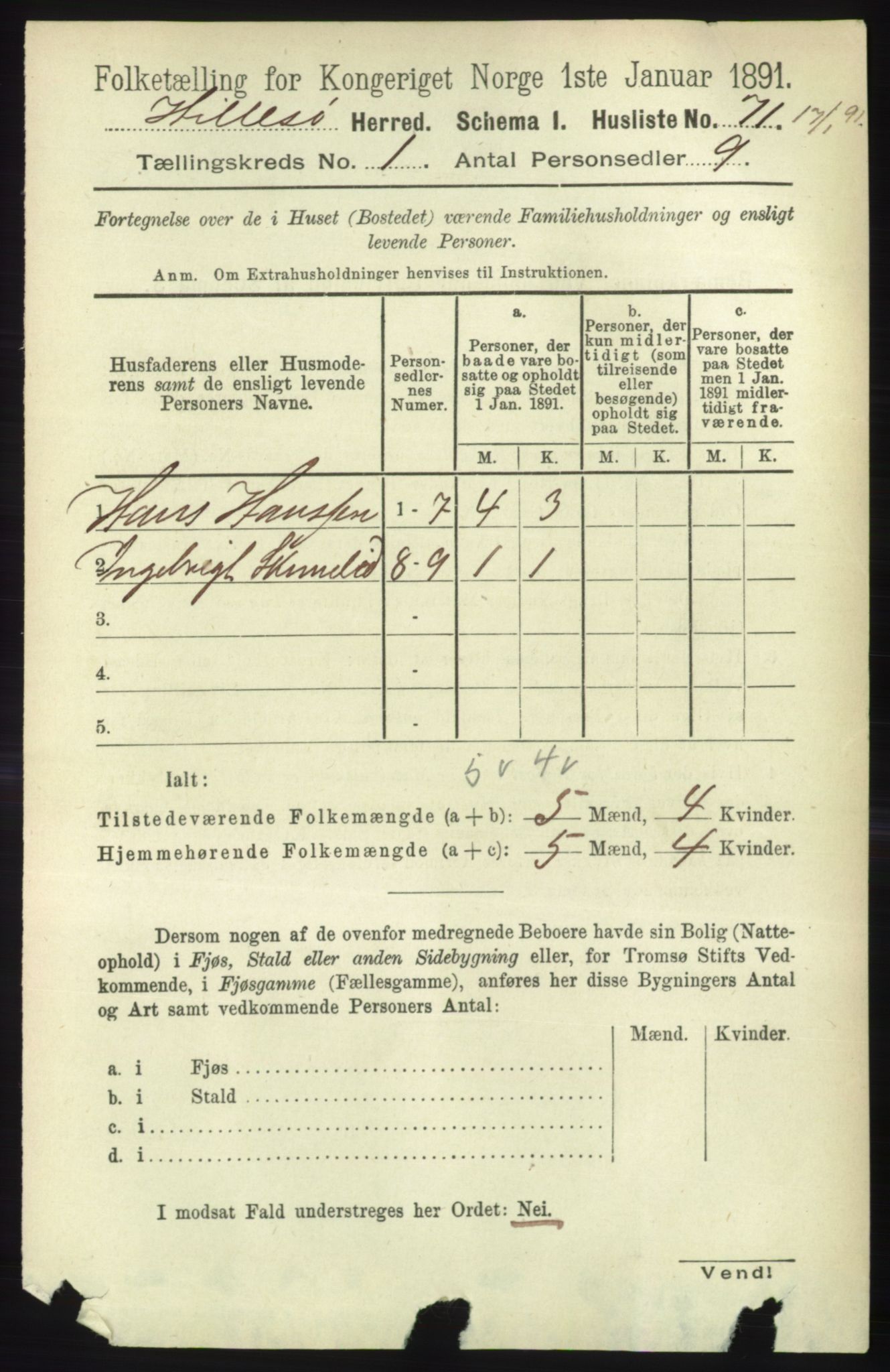 RA, Folketelling 1891 for 1930 Hillesøy herred, 1891, s. 84