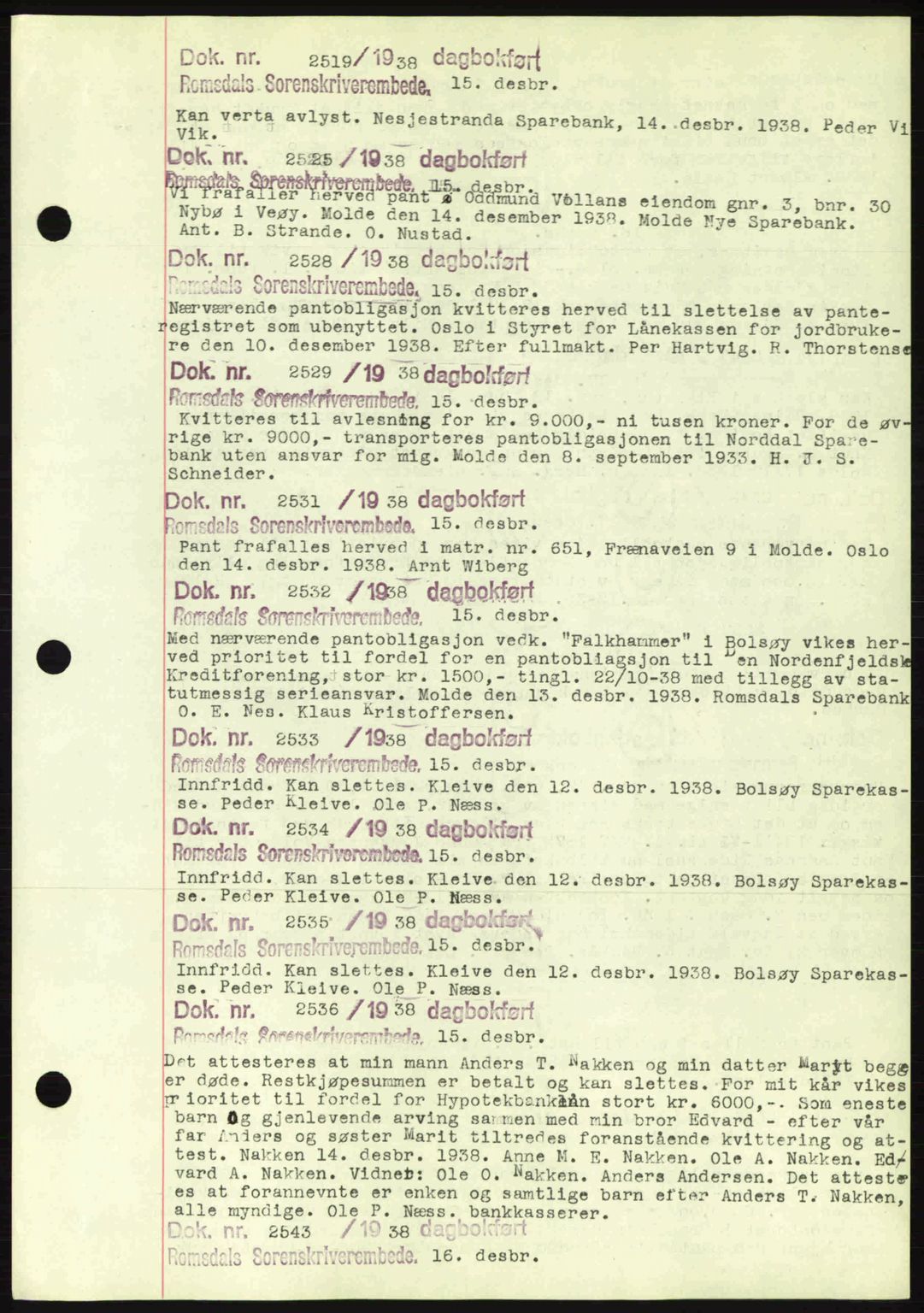 Romsdal sorenskriveri, AV/SAT-A-4149/1/2/2C: Pantebok nr. C1a, 1936-1945, Dagboknr: 2519/1938