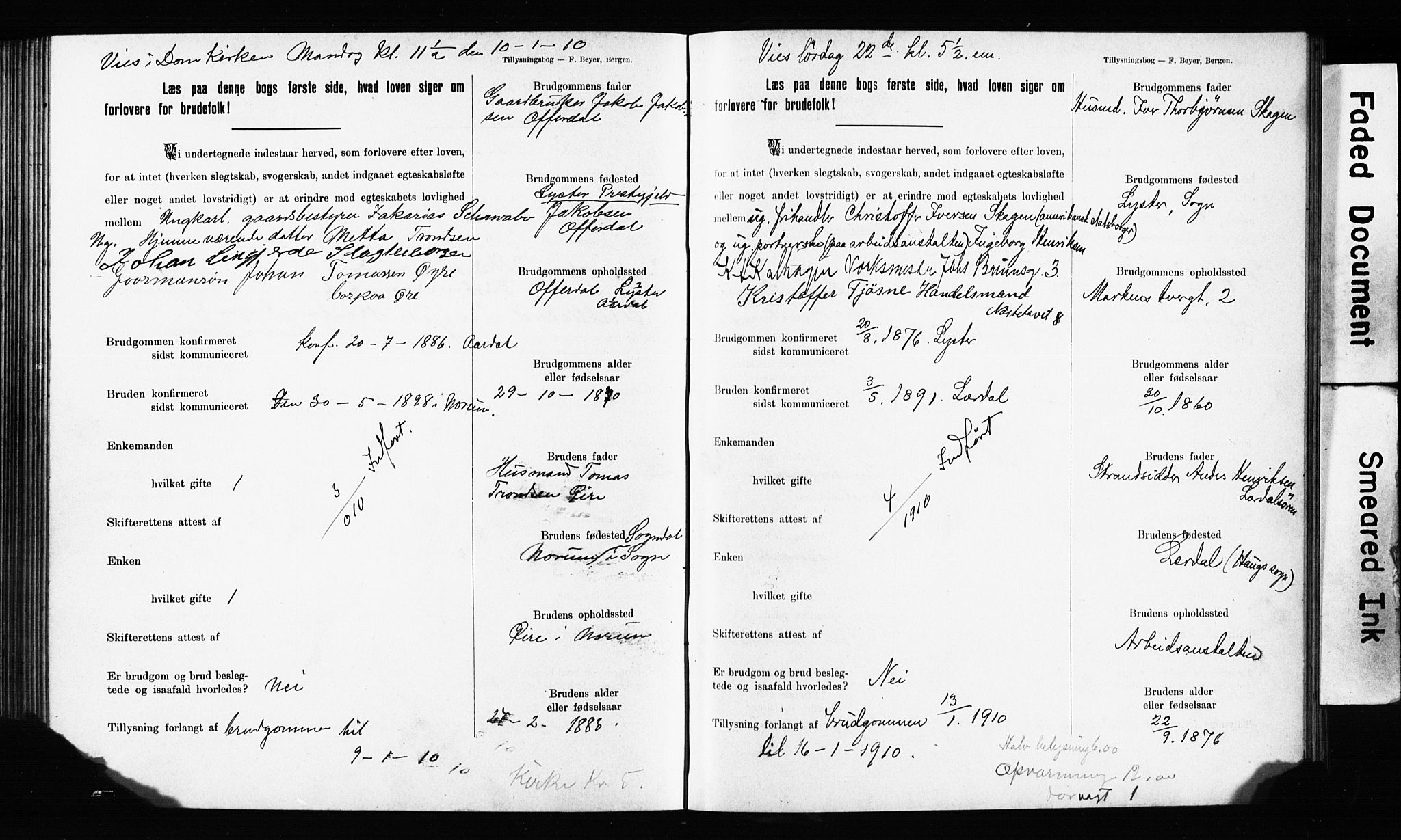 Domkirken sokneprestembete, SAB/A-74801: Forlovererklæringer nr. II.5.11, 1899-1910, s. 366
