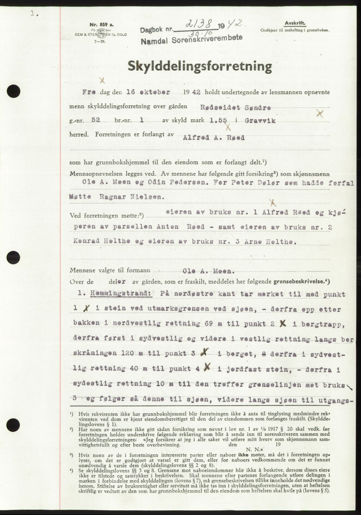 Namdal sorenskriveri, SAT/A-4133/1/2/2C: Pantebok nr. -, 1942-1943, Dagboknr: 2138/1942