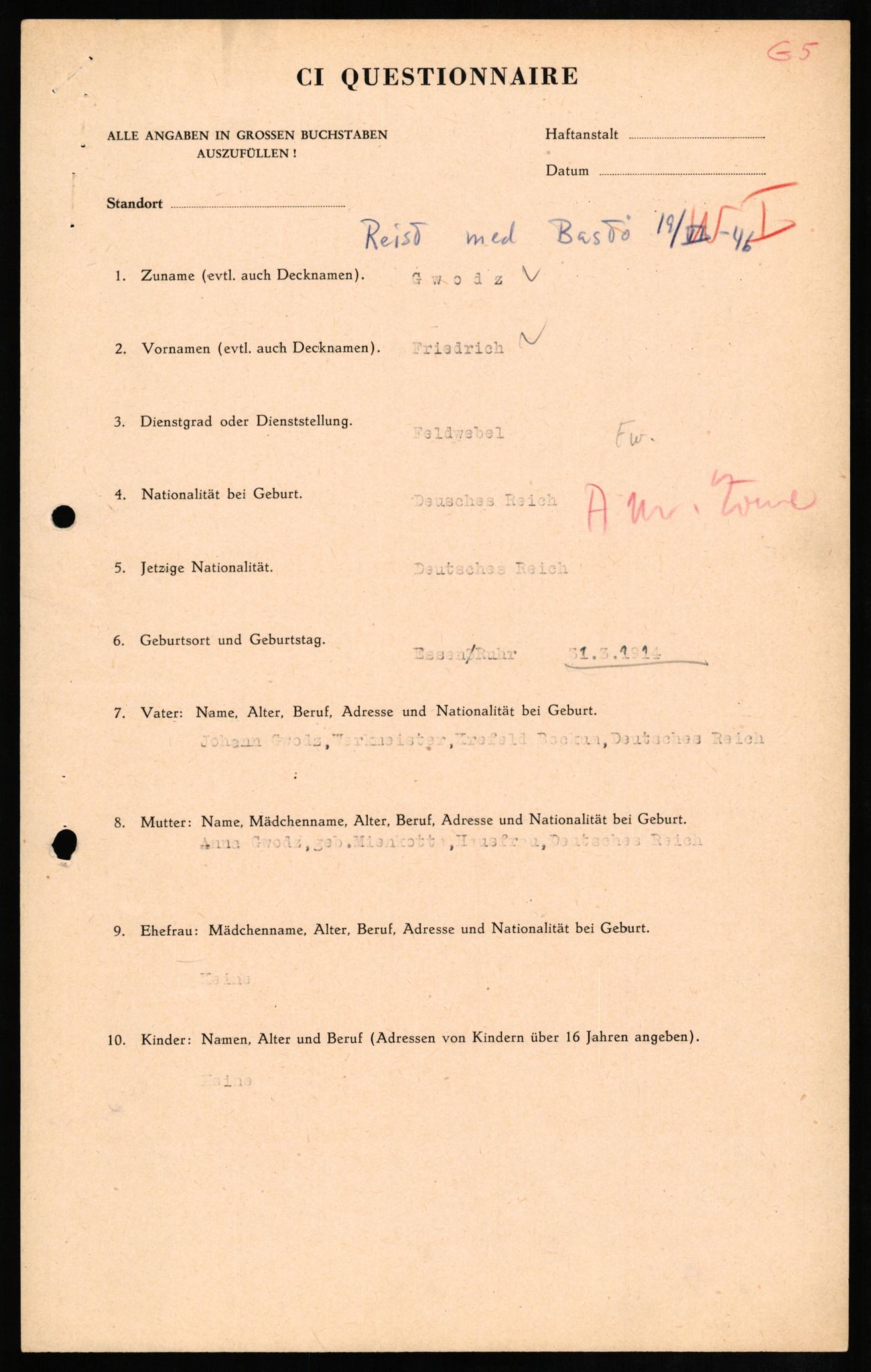 Forsvaret, Forsvarets overkommando II, AV/RA-RAFA-3915/D/Db/L0011: CI Questionaires. Tyske okkupasjonsstyrker i Norge. Tyskere., 1945-1946, s. 4