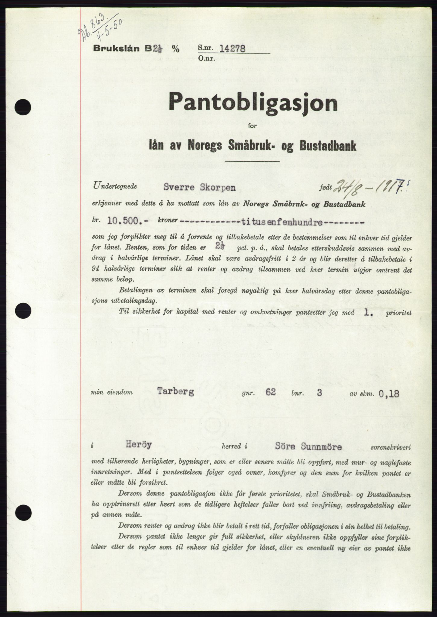 Søre Sunnmøre sorenskriveri, SAT/A-4122/1/2/2C/L0118: Pantebok nr. 6B, 1949-1950, Dagboknr: 863/1950