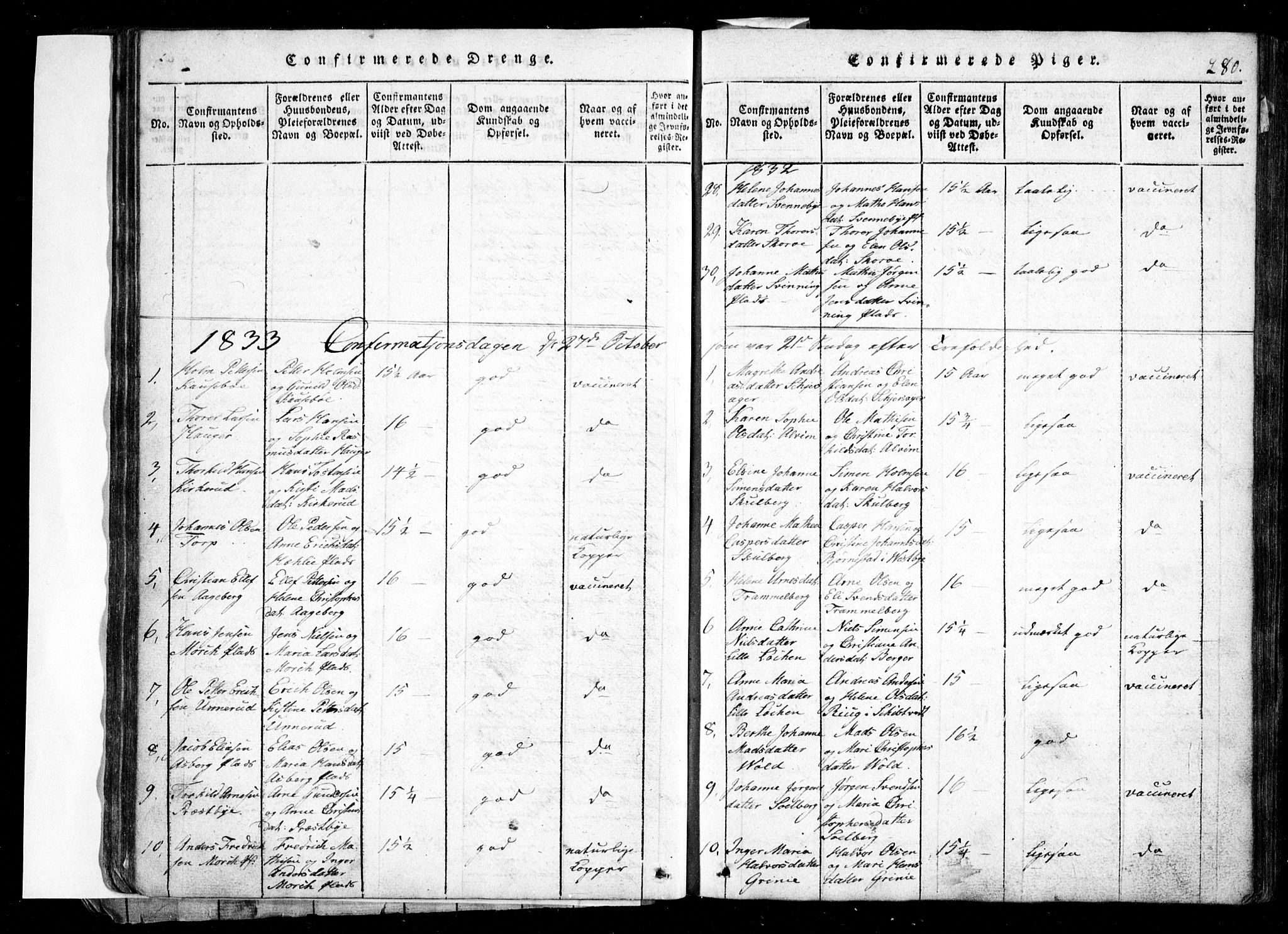 Spydeberg prestekontor Kirkebøker, SAO/A-10924/G/Ga/L0001: Klokkerbok nr. I 1, 1814-1868, s. 280