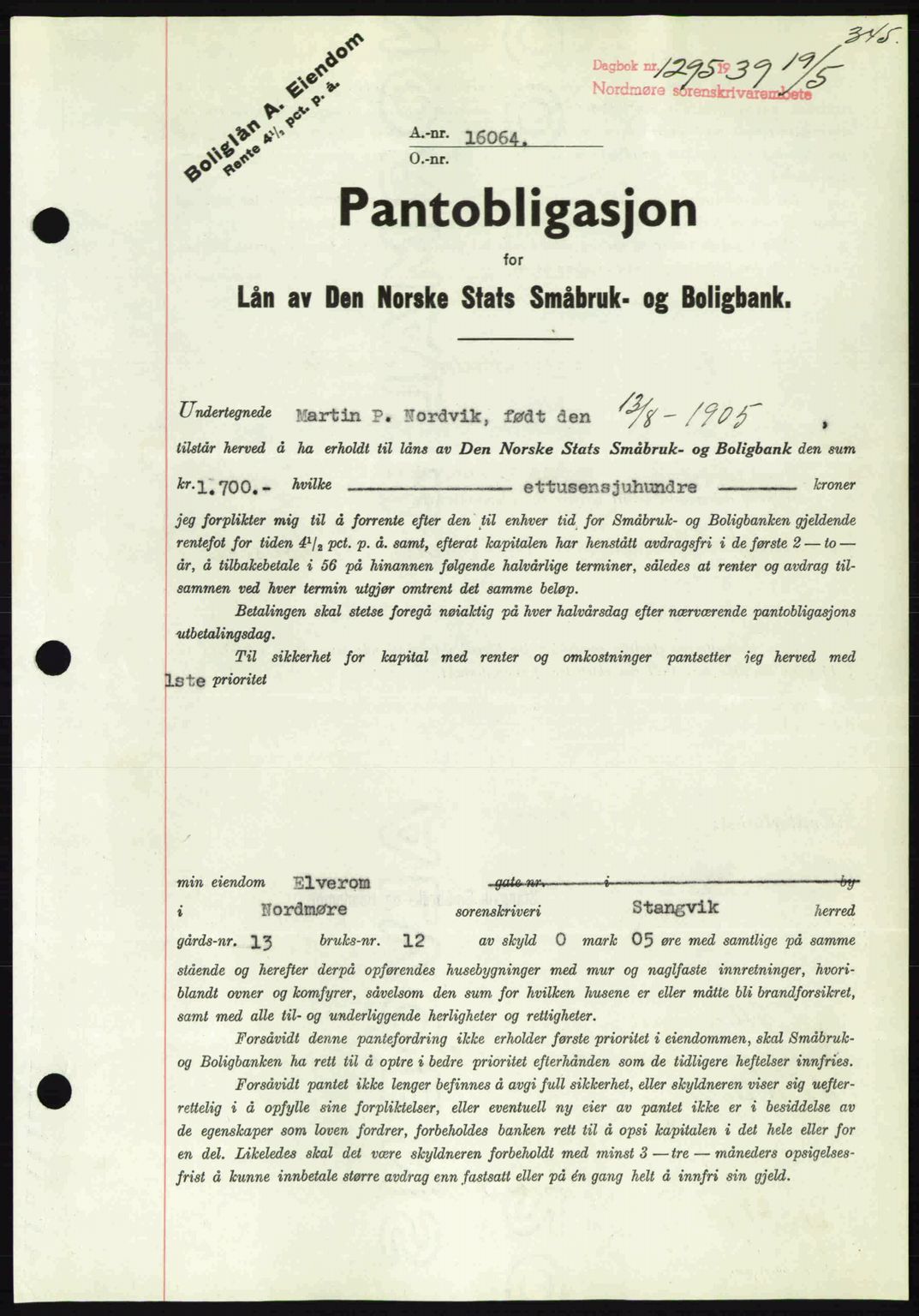 Nordmøre sorenskriveri, AV/SAT-A-4132/1/2/2Ca: Pantebok nr. B85, 1939-1939, Dagboknr: 1295/1939