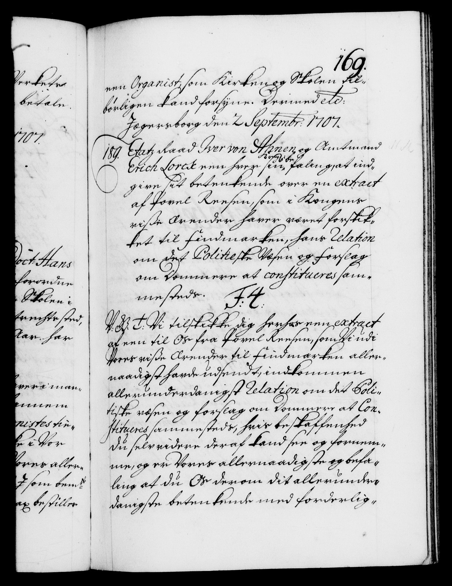 Danske Kanselli 1572-1799, AV/RA-EA-3023/F/Fc/Fca/Fcab/L0018: Norske tegnelser, 1707-1709, s. 169a