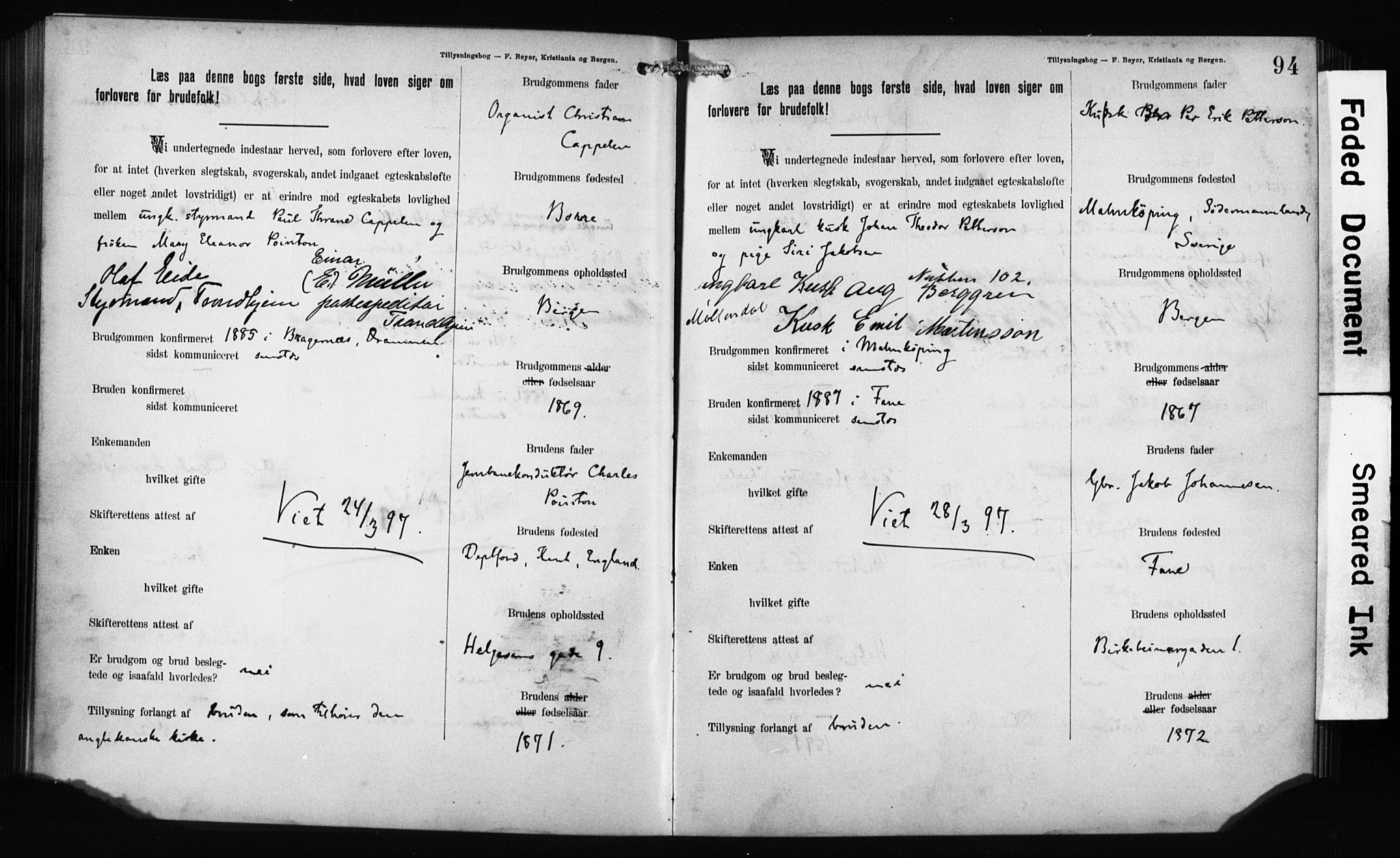 Mariakirken Sokneprestembete, AV/SAB-A-76901: Forlovererklæringer nr. II.5.1, 1891-1901, s. 94
