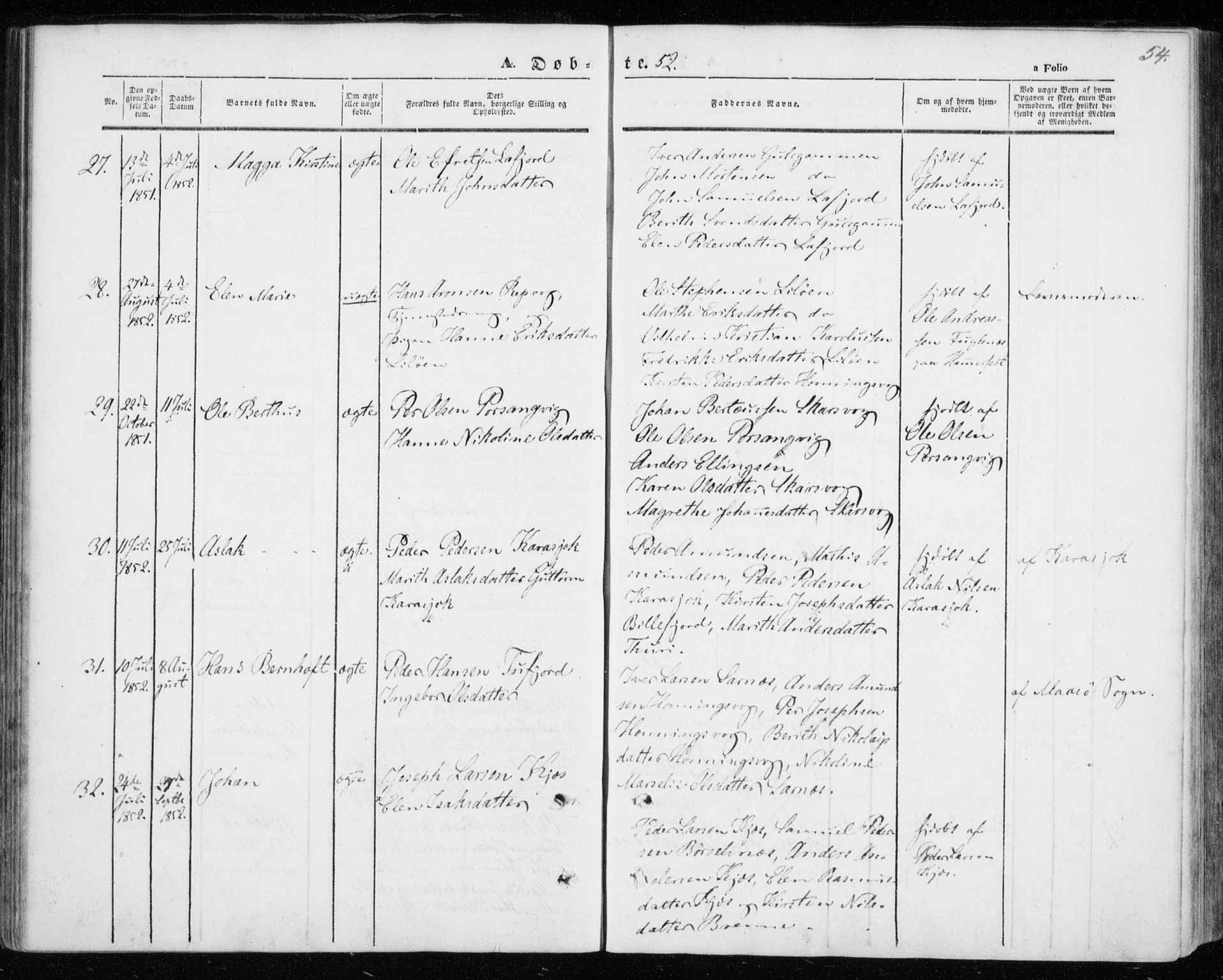 Kistrand/Porsanger sokneprestembete, AV/SATØ-S-1351/H/Ha/L0004.kirke: Ministerialbok nr. 4, 1843-1860, s. 54