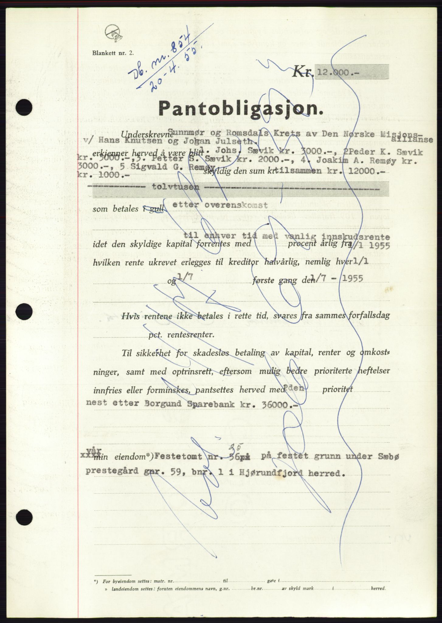 Søre Sunnmøre sorenskriveri, AV/SAT-A-4122/1/2/2C/L0126: Pantebok nr. 14B, 1954-1955, Dagboknr: 854/1955
