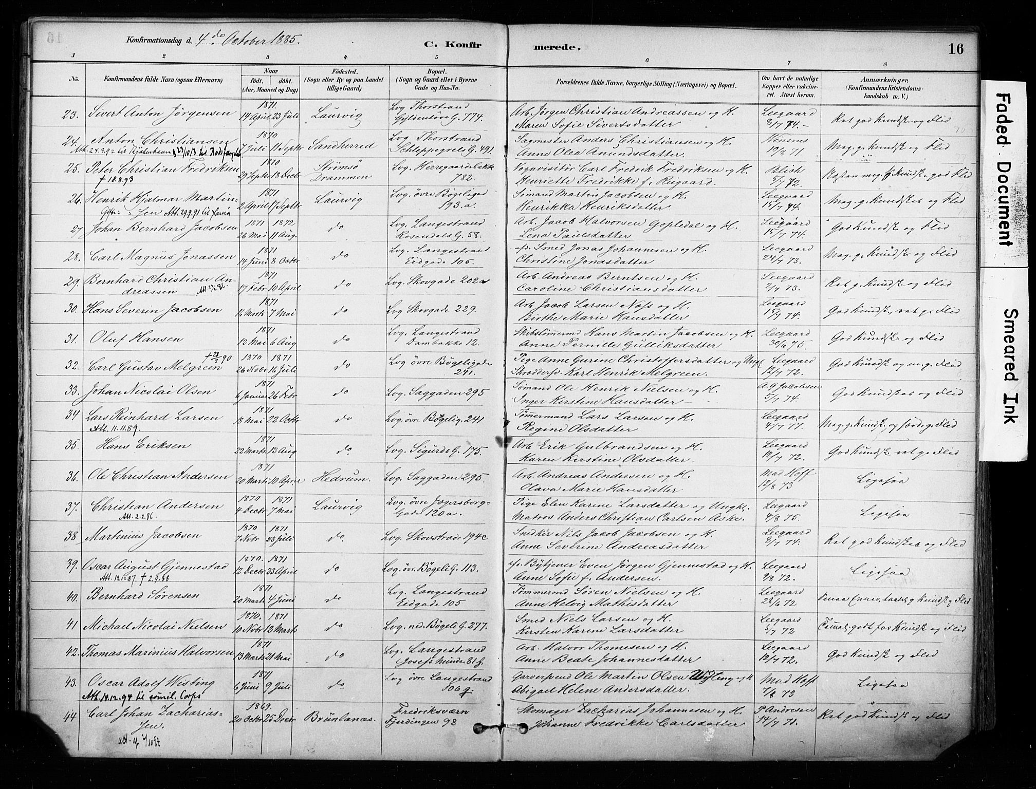 Larvik kirkebøker, AV/SAKO-A-352/F/Fa/L0008: Ministerialbok nr. I 8, 1884-1902, s. 16