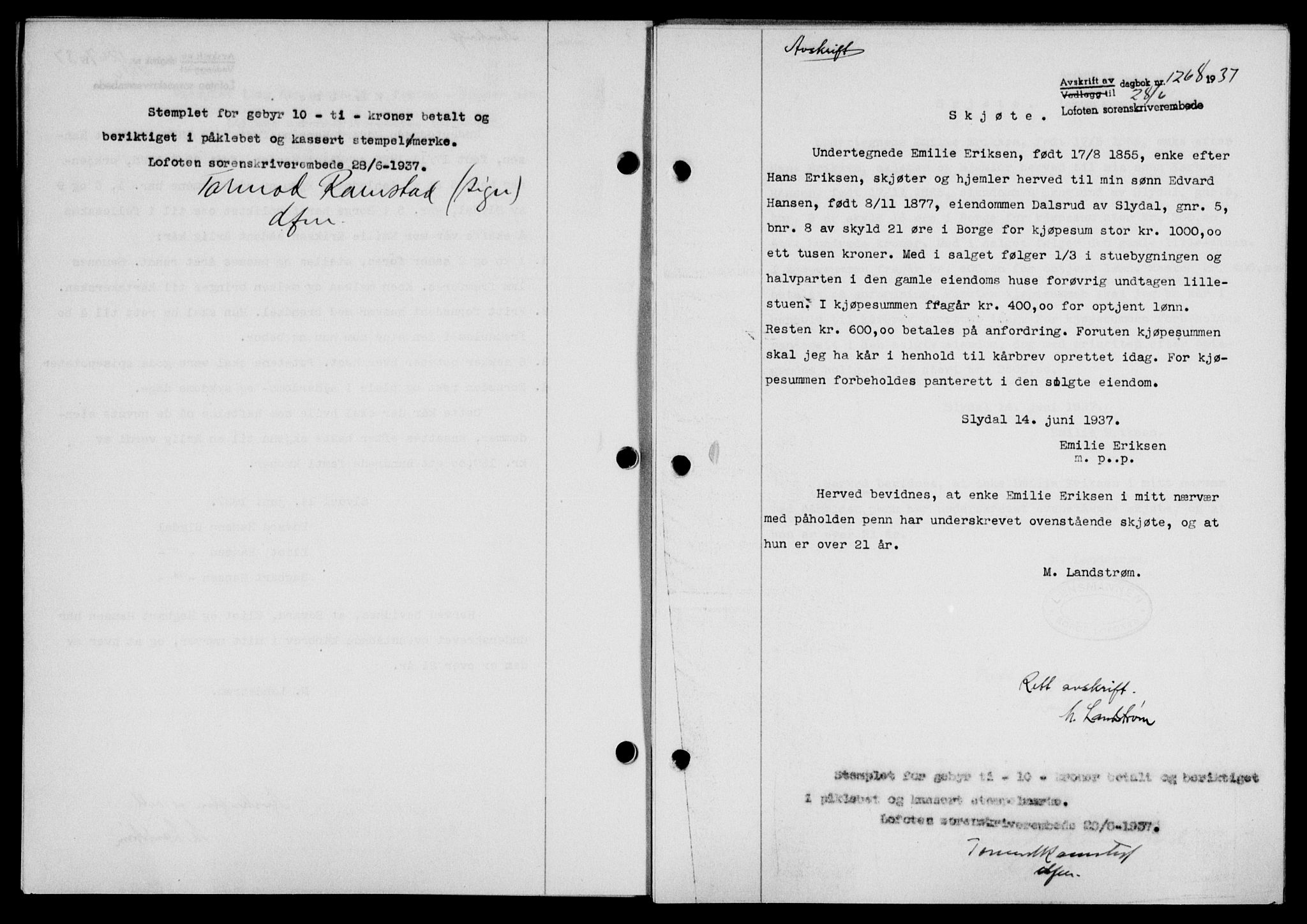 Lofoten sorenskriveri, SAT/A-0017/1/2/2C/L0002a: Pantebok nr. 2a, 1937-1937, Dagboknr: 1268/1937