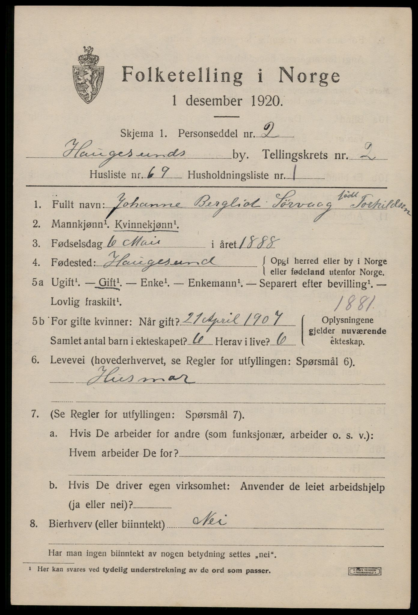 SAST, Folketelling 1920 for 1106 Haugesund kjøpstad, 1920, s. 14225