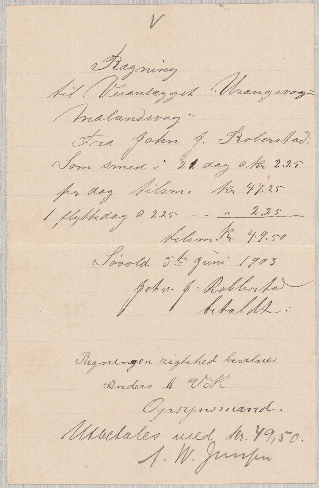 Finnaas kommune. Formannskapet, IKAH/1218a-021/E/Ea/L0002/0002: Rekneskap for veganlegg / Rekneskap for veganlegget Urangsvåg - Mælandsvåg, 1901-1903, s. 139