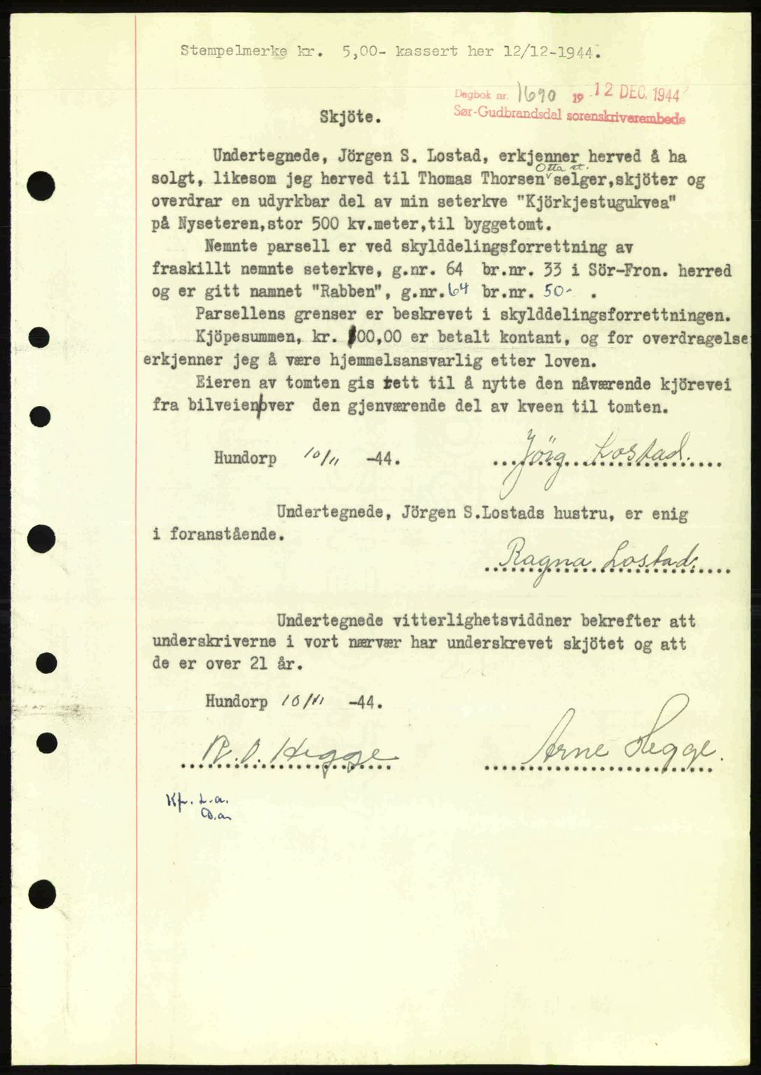 Sør-Gudbrandsdal tingrett, SAH/TING-004/H/Hb/Hbd/L0014: Pantebok nr. A14, 1944-1945, Dagboknr: 1690/1944