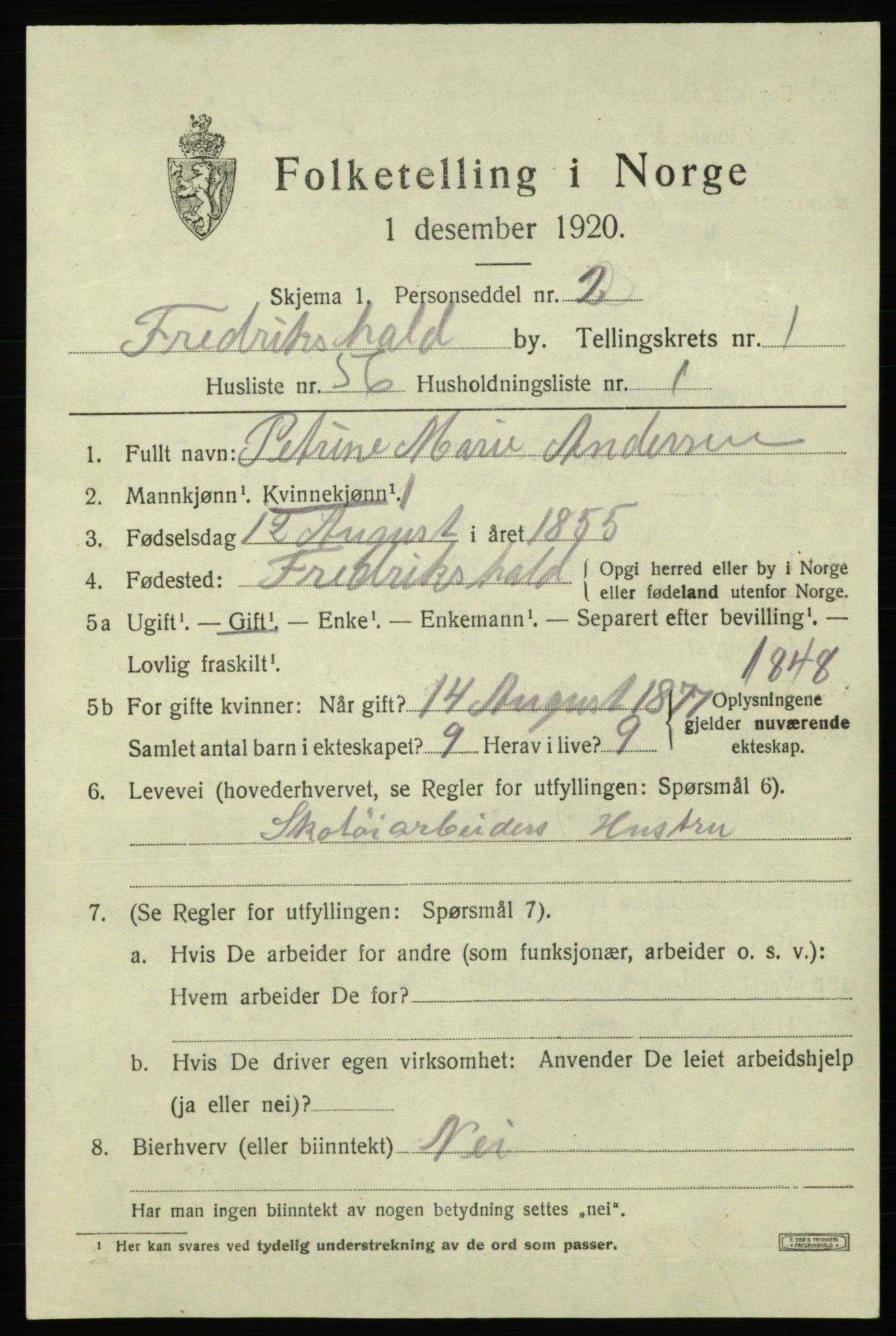 SAO, Folketelling 1920 for 0101 Fredrikshald kjøpstad, 1920, s. 9167