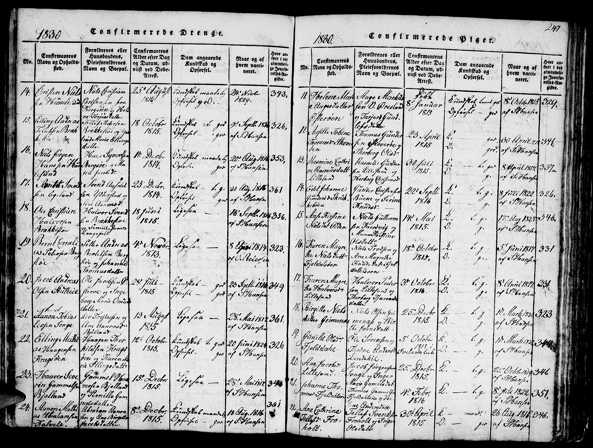 Vestre Moland sokneprestkontor, AV/SAK-1111-0046/F/Fb/Fbb/L0001: Klokkerbok nr. B 1, 1816-1851, s. 247