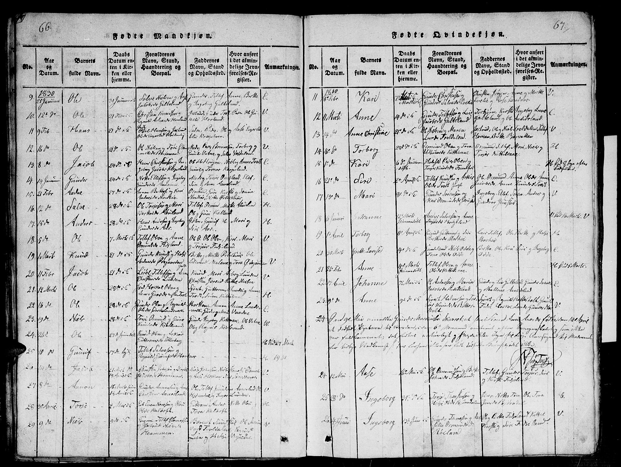 Evje sokneprestkontor, AV/SAK-1111-0008/F/Fb/Fba/L0001: Klokkerbok nr. B 1, 1816-1842, s. 66-67