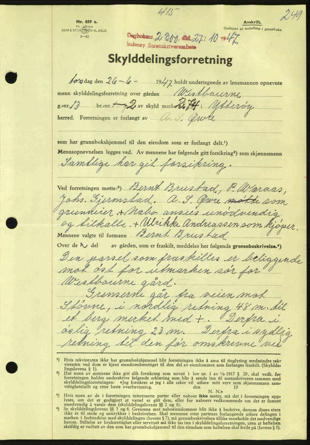 Inderøy sorenskriveri, SAT/A-4147/1/2/2C: Pantebok nr. Y1, 1936-1950, Dagboknr: 2300/1947