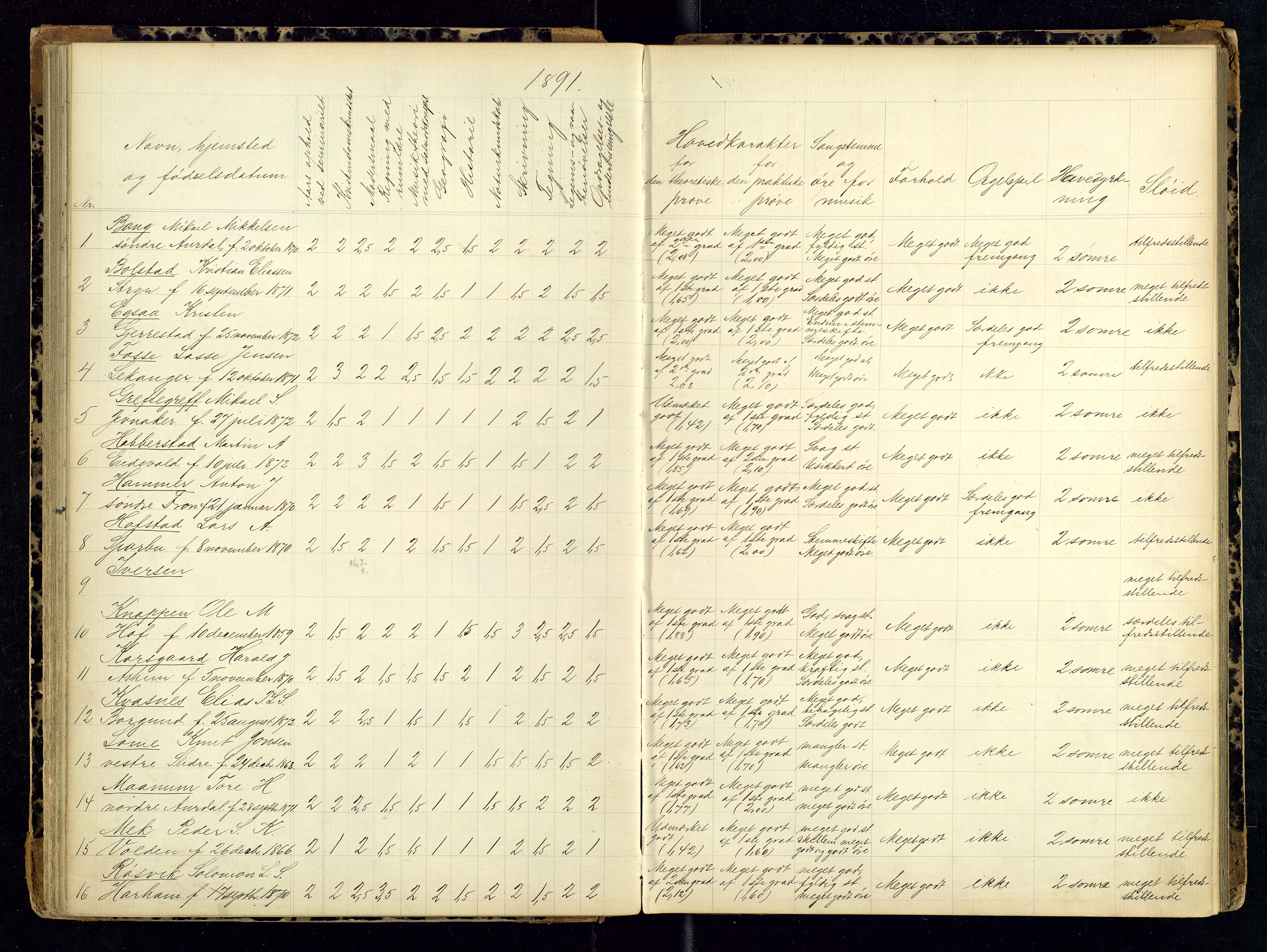 Hamar lærerhøgskole, AV/SAH-SKOLE-018/H/Ha/L0001: Eksamensprotokoll - lærerprøven, 1869-1892