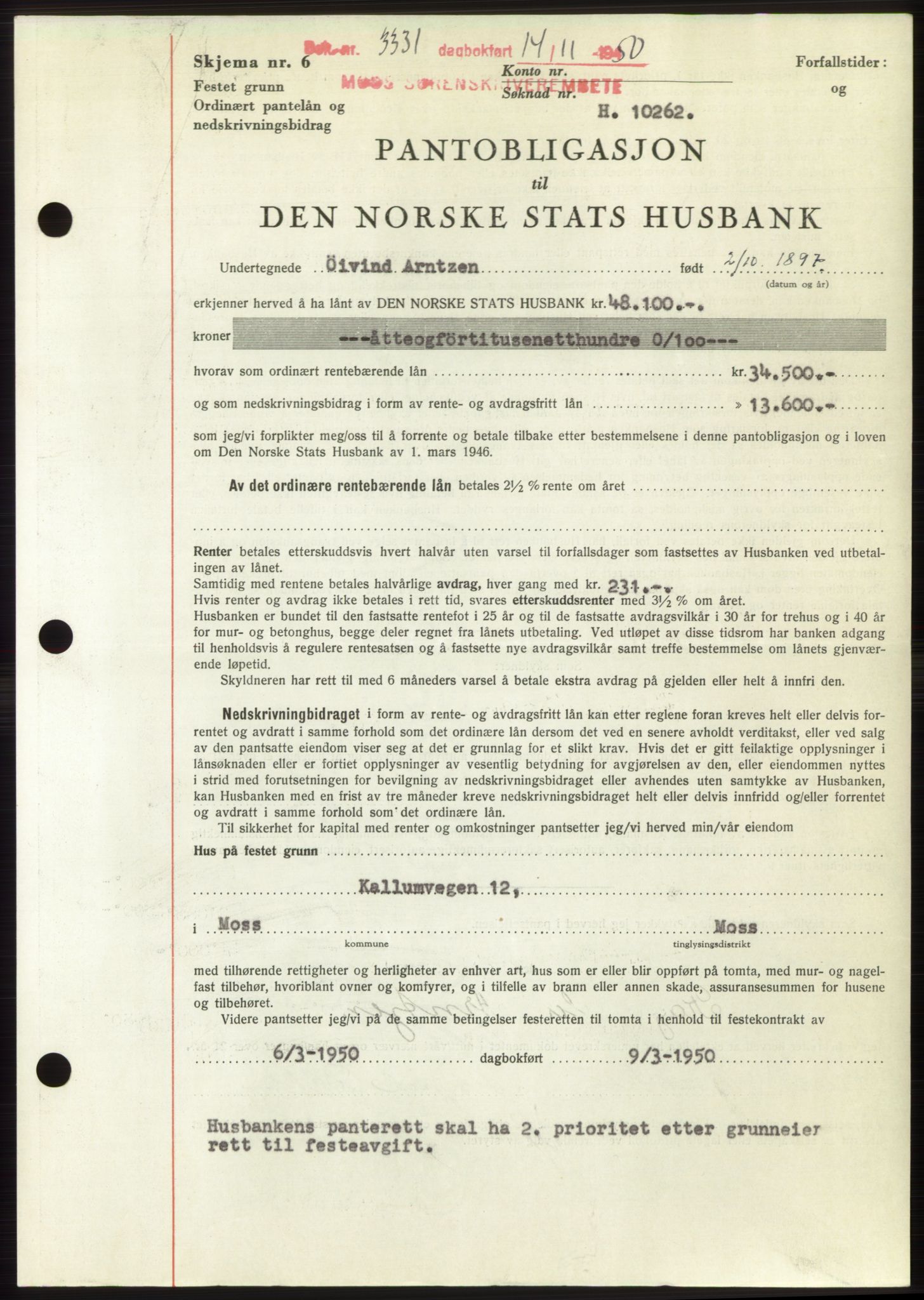 Moss sorenskriveri, SAO/A-10168: Pantebok nr. B25, 1950-1950, Dagboknr: 3331/1950